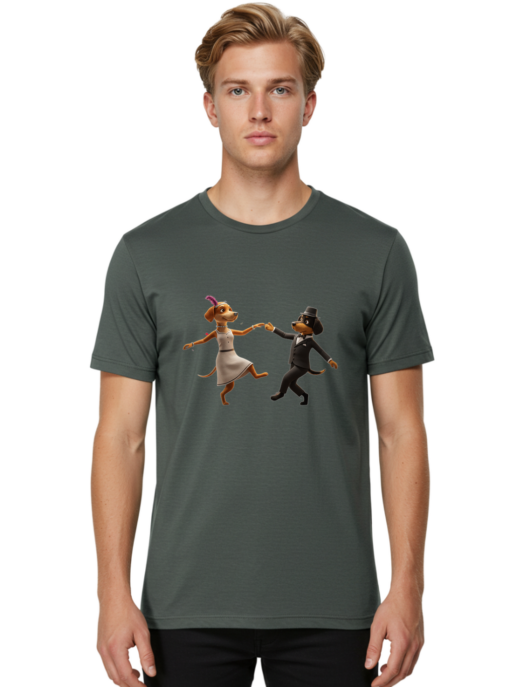 Dancing-Dogs Men'S Graphic Tee, 100% Cotton, Comfortable Casual Summer Wear, Machine Washable, Anthropomorphic Dogs Dancing Together, Lady Dog In A Dress And Hat, Gentleman Dog In A Suit, Romantic Dance, Dog Couple, Illustration, Bac973