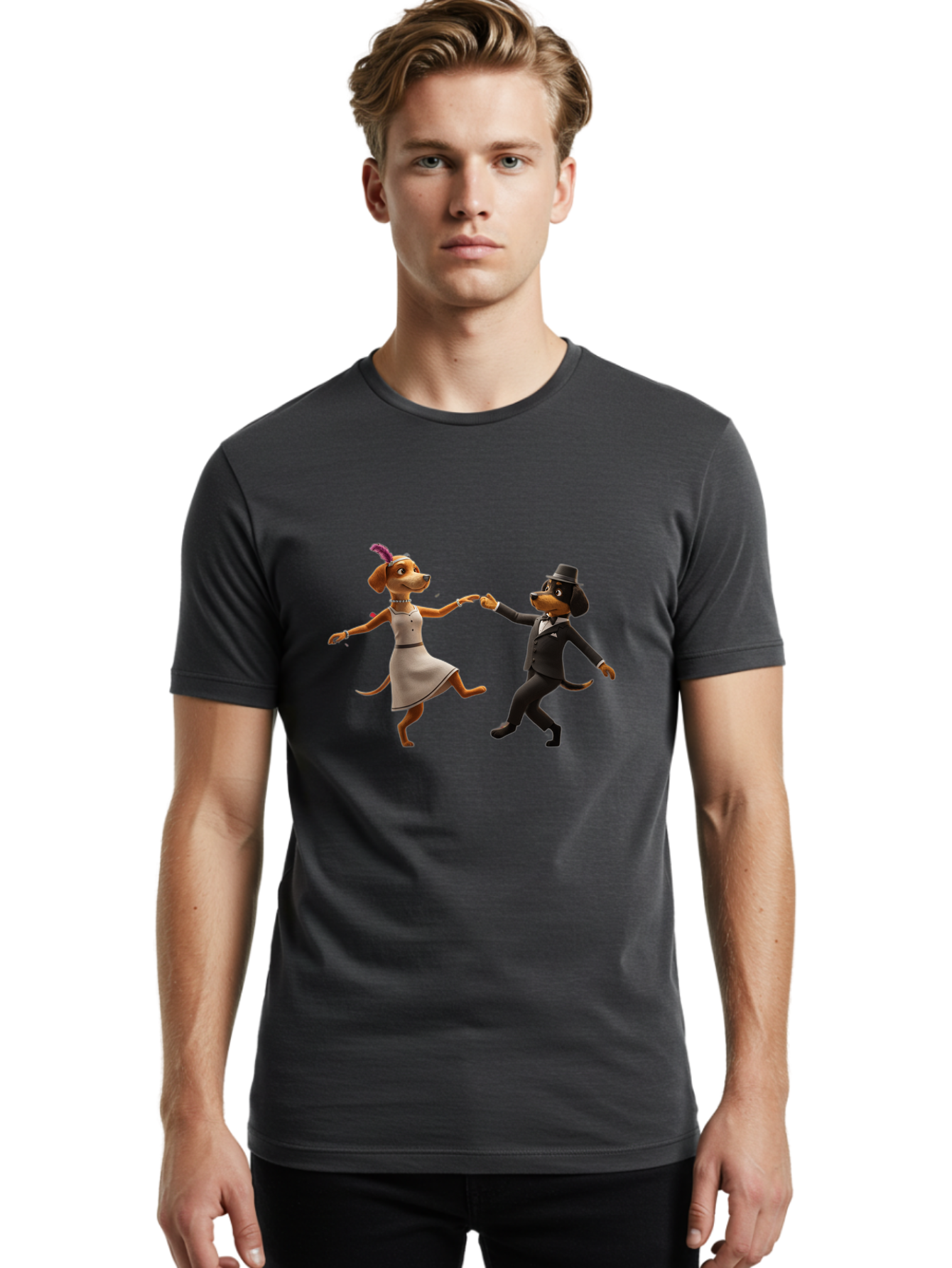 Dancing-Dogs Men'S Graphic Tee, 100% Cotton, Comfortable Casual Summer Wear, Machine Washable, Anthropomorphic Dogs Dancing Together, Lady Dog In A Dress And Hat, Gentleman Dog In A Suit, Romantic Dance, Dog Couple, Illustration, Bac973