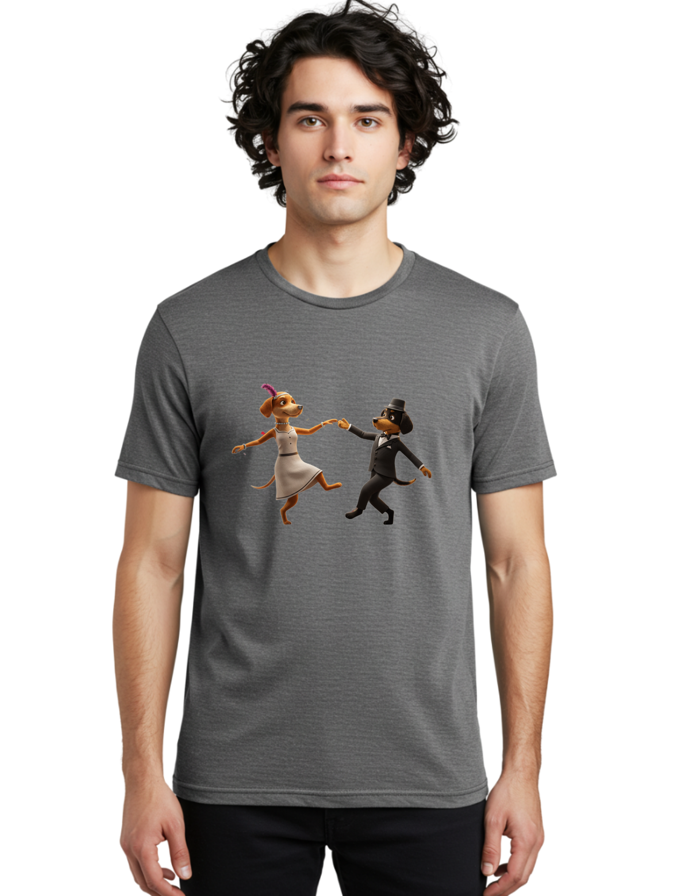 Dancing-Dogs Men'S Graphic Tee, 100% Cotton, Comfortable Casual Summer Wear, Machine Washable, Anthropomorphic Dogs Dancing Together, Lady Dog In A Dress And Hat, Gentleman Dog In A Suit, Romantic Dance, Dog Couple, Illustration, Bac973
