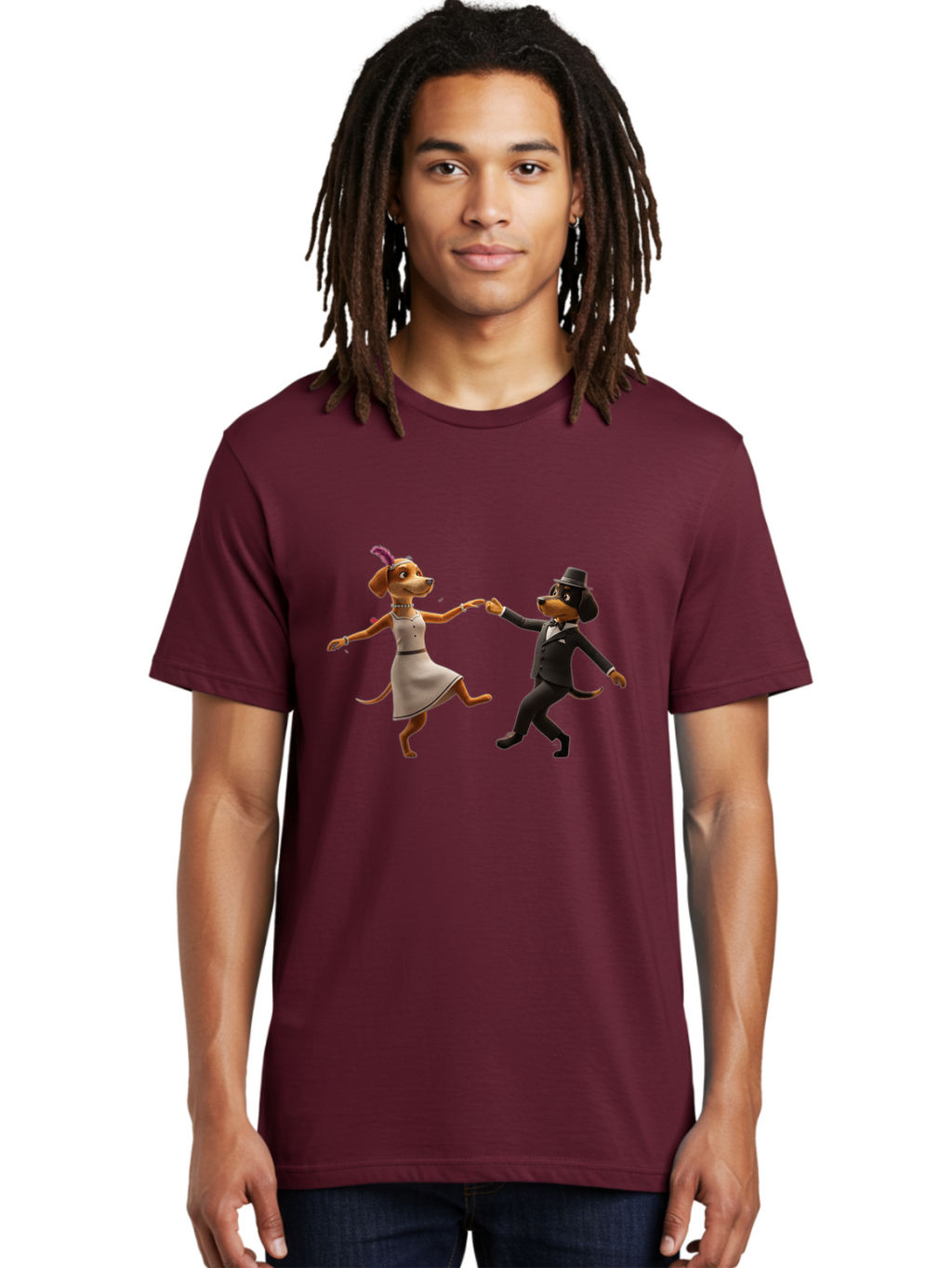 Dancing-Dogs Men'S Graphic Tee, 100% Cotton, Comfortable Casual Summer Wear, Machine Washable, Anthropomorphic Dogs Dancing Together, Lady Dog In A Dress And Hat, Gentleman Dog In A Suit, Romantic Dance, Dog Couple, Illustration, Bac973