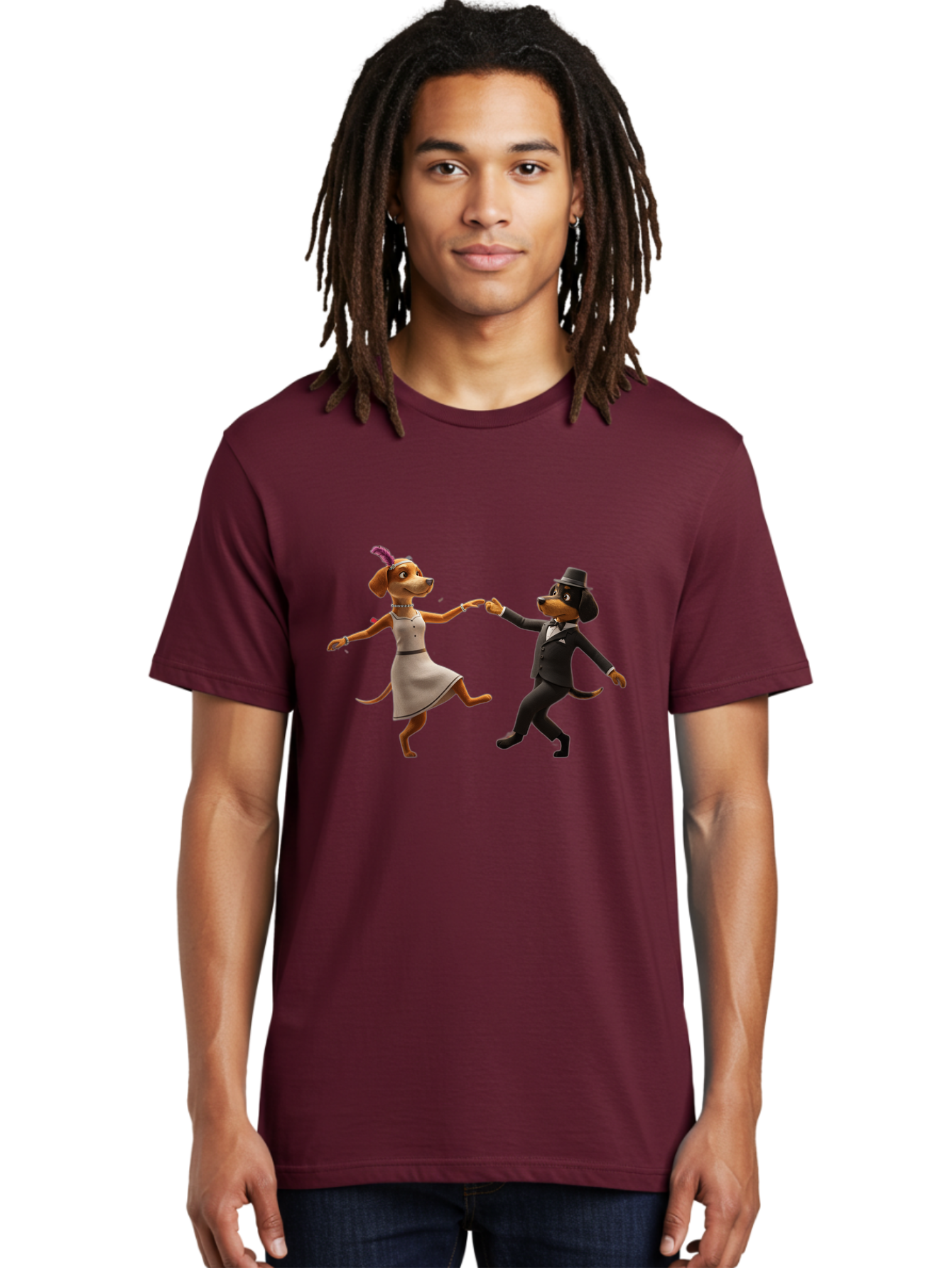 Dancing-Dogs Men'S Graphic Tee, 100% Cotton, Comfortable Casual Summer Wear, Machine Washable, Anthropomorphic Dogs Dancing Together, Lady Dog In A Dress And Hat, Gentleman Dog In A Suit, Romantic Dance, Dog Couple, Illustration, Bac973