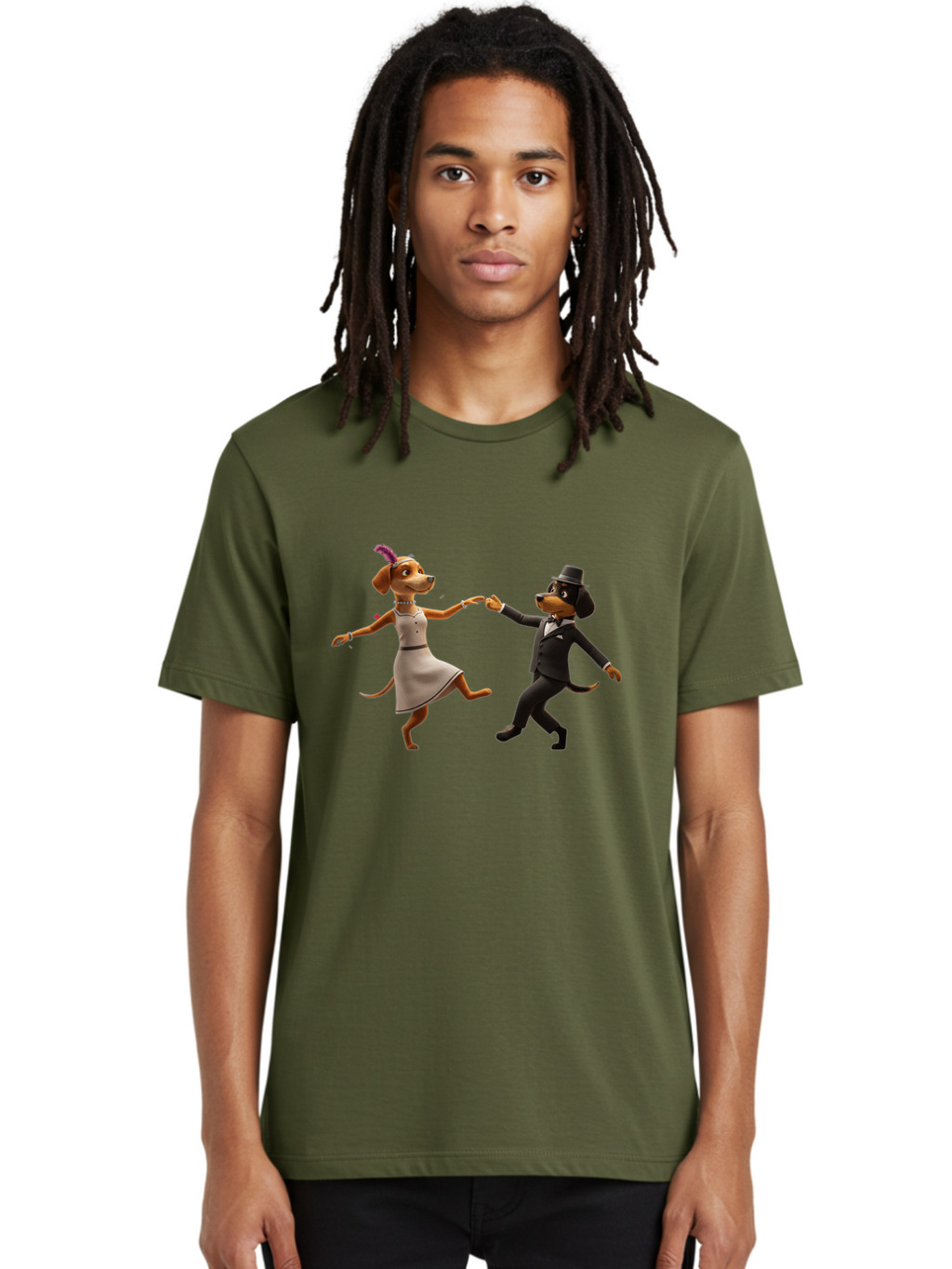 Dancing-Dogs Men'S Graphic Tee, 100% Cotton, Comfortable Casual Summer Wear, Machine Washable, Anthropomorphic Dogs Dancing Together, Lady Dog In A Dress And Hat, Gentleman Dog In A Suit, Romantic Dance, Dog Couple, Illustration, Bac973