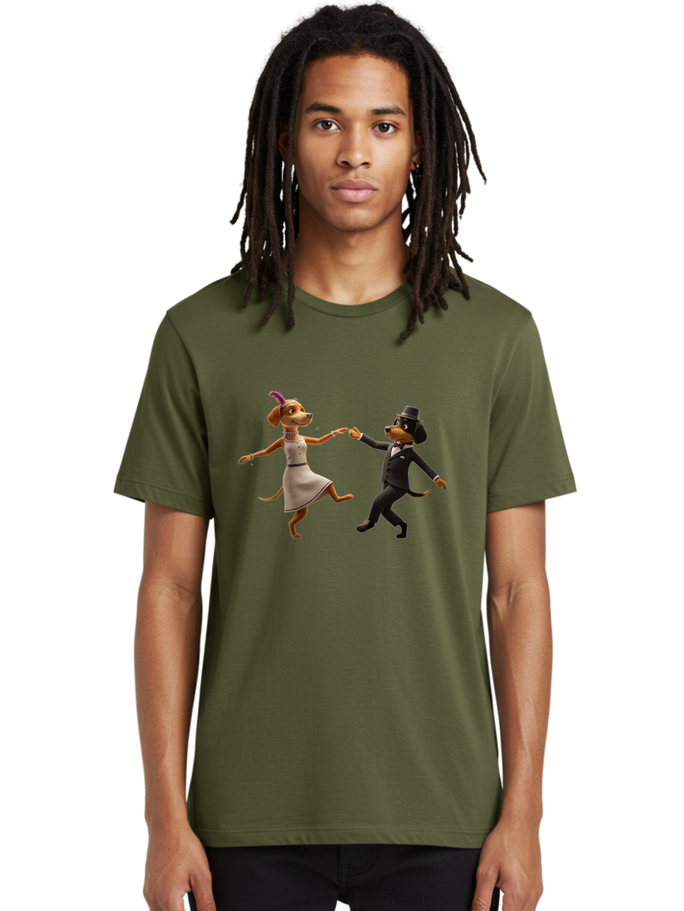 Dancing-Dogs Men'S Graphic Tee, 100% Cotton, Comfortable Casual Summer Wear, Machine Washable, Anthropomorphic Dogs Dancing Together, Lady Dog In A Dress And Hat, Gentleman Dog In A Suit, Romantic Dance, Dog Couple, Illustration, Bac973