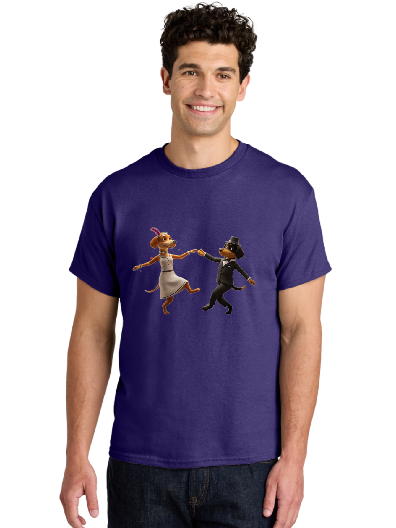 Dancing-Dogs Men'S Graphic Tee, 100% Cotton, Comfortable Casual Summer Wear, Machine Washable, Anthropomorphic Dogs Dancing Together, Lady Dog In A Dress And Hat, Gentleman Dog In A Suit, Romantic Dance, Dog Couple, Illustration, Bac973