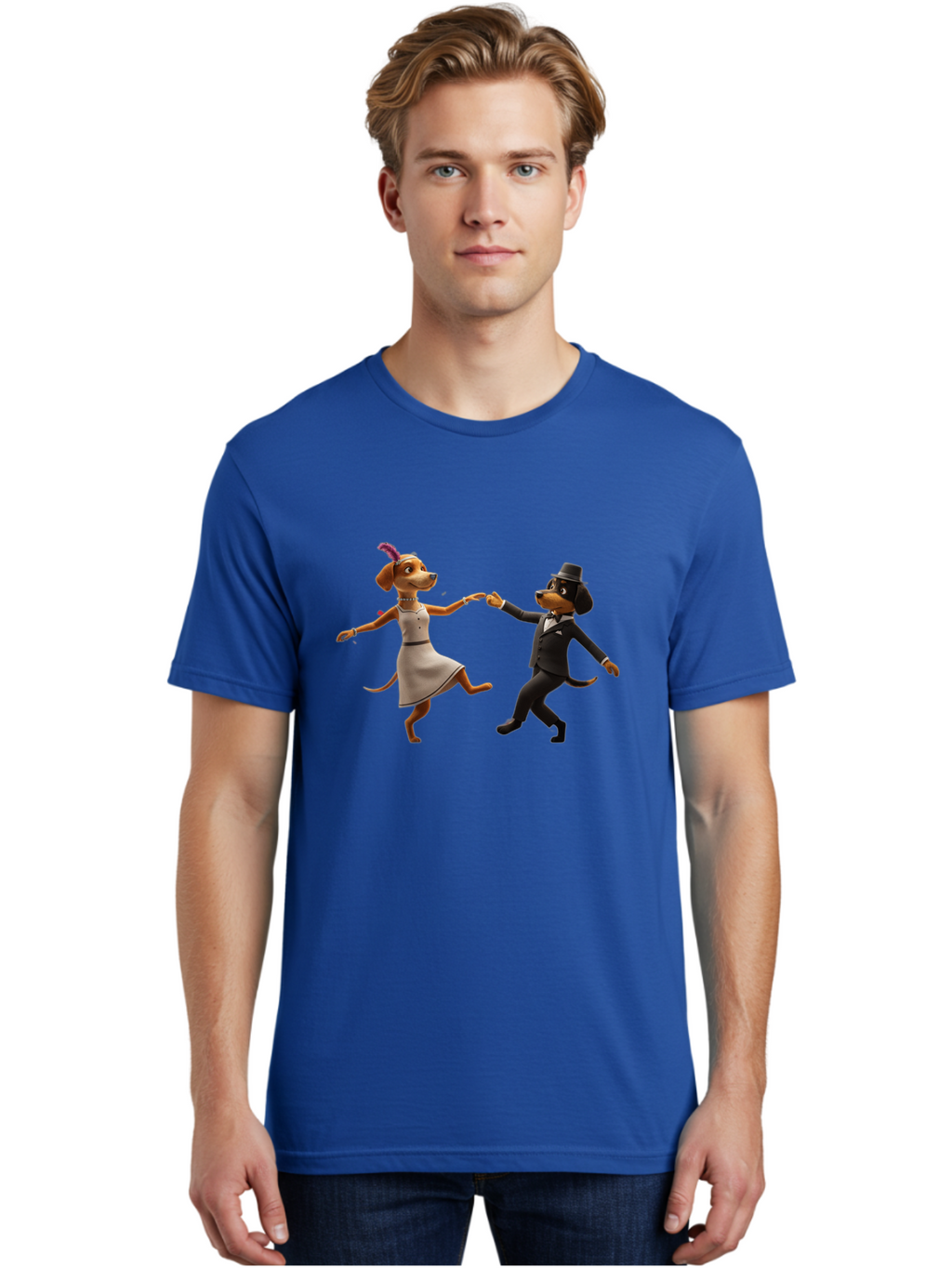 Dancing-Dogs Men'S Graphic Tee, 100% Cotton, Comfortable Casual Summer Wear, Machine Washable, Anthropomorphic Dogs Dancing Together, Lady Dog In A Dress And Hat, Gentleman Dog In A Suit, Romantic Dance, Dog Couple, Illustration, Bac973