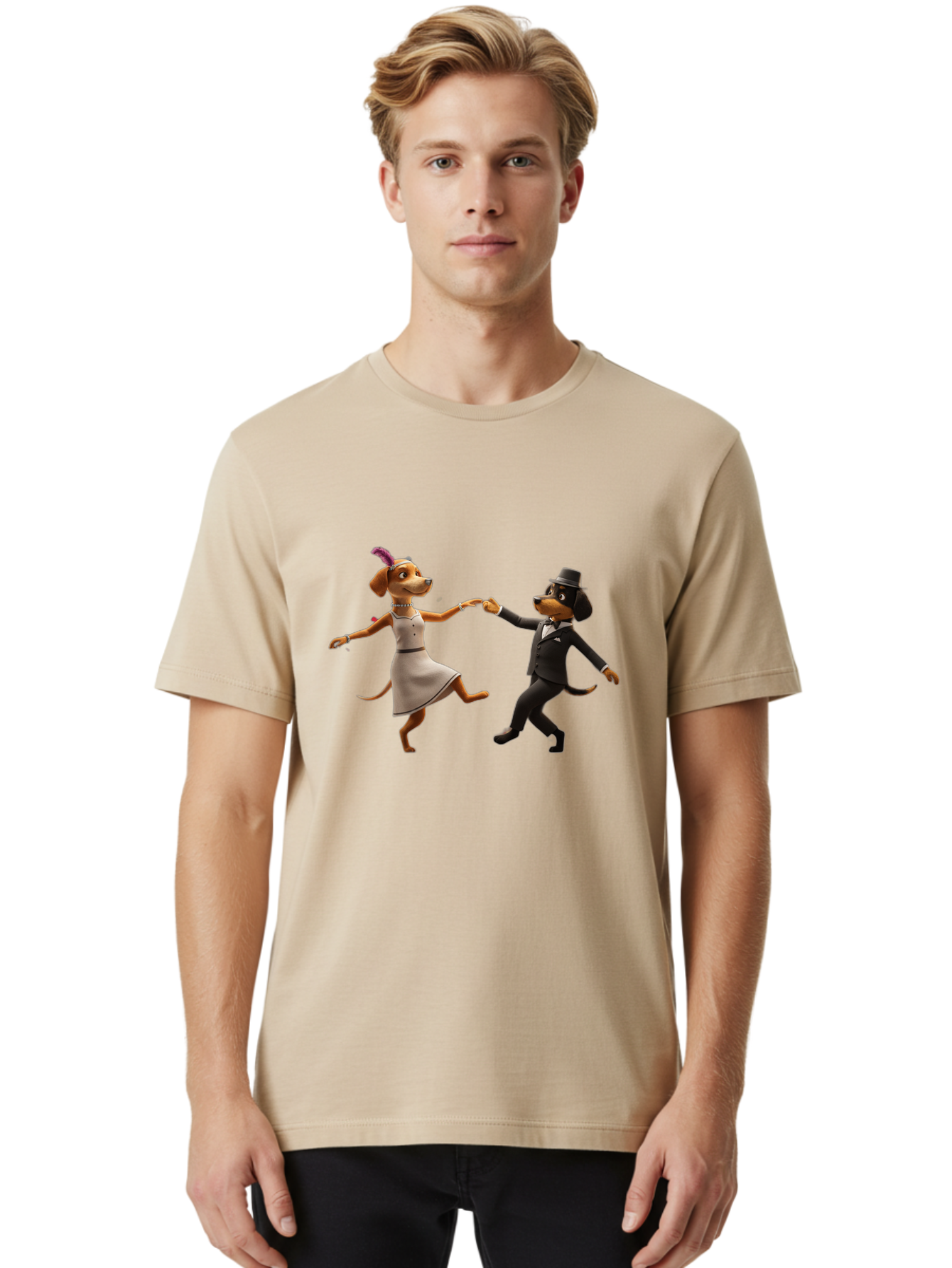Dancing-Dogs Men'S Graphic Tee, 100% Cotton, Comfortable Casual Summer Wear, Machine Washable, Anthropomorphic Dogs Dancing Together, Lady Dog In A Dress And Hat, Gentleman Dog In A Suit, Romantic Dance, Dog Couple, Illustration, Bac973