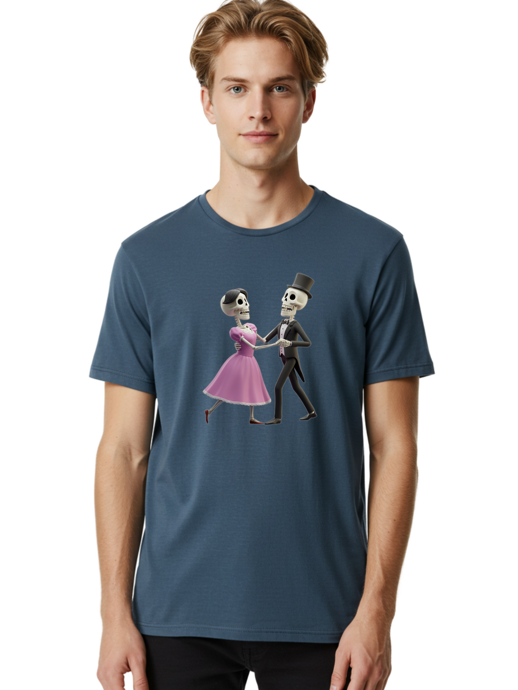 Dancing-Skeletons Men'S Graphic Tee, 100% Cotton, Comfortable Casual Summer Wear, Machine Washable, Skeleton Couple Dancing, Day Of The Dead Celebration, Calavera Fashion, Traditional Mexican Attire, Sugar Skull Makeup, Waltz Dance, Bac974