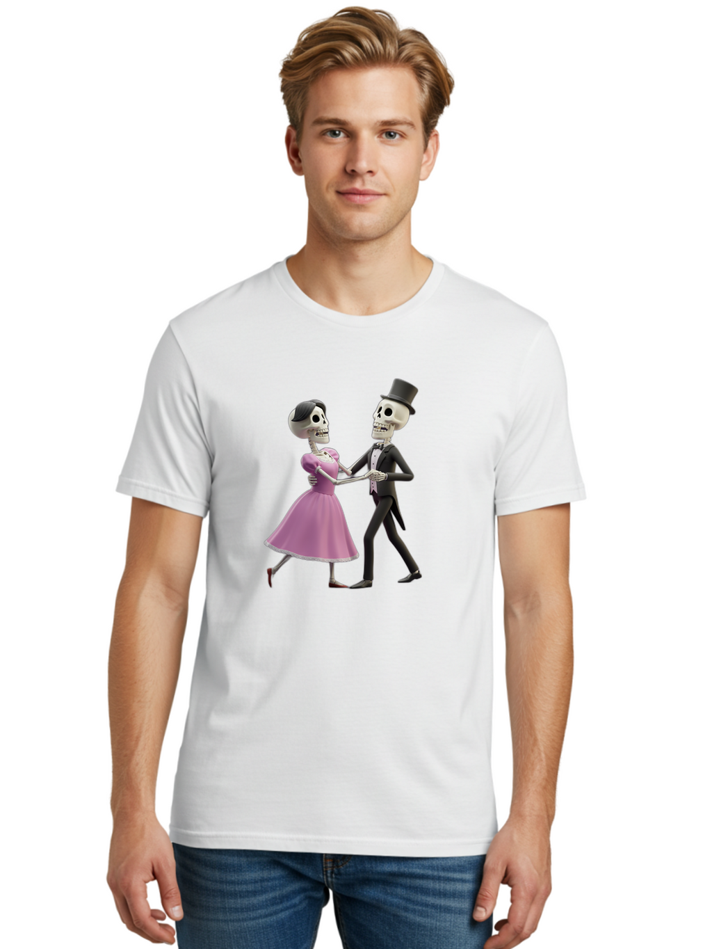 Dancing-Skeletons Men'S Graphic Tee, 100% Cotton, Comfortable Casual Summer Wear, Machine Washable, Skeleton Couple Dancing, Day Of The Dead Celebration, Calavera Fashion, Traditional Mexican Attire, Sugar Skull Makeup, Waltz Dance, Bac974
