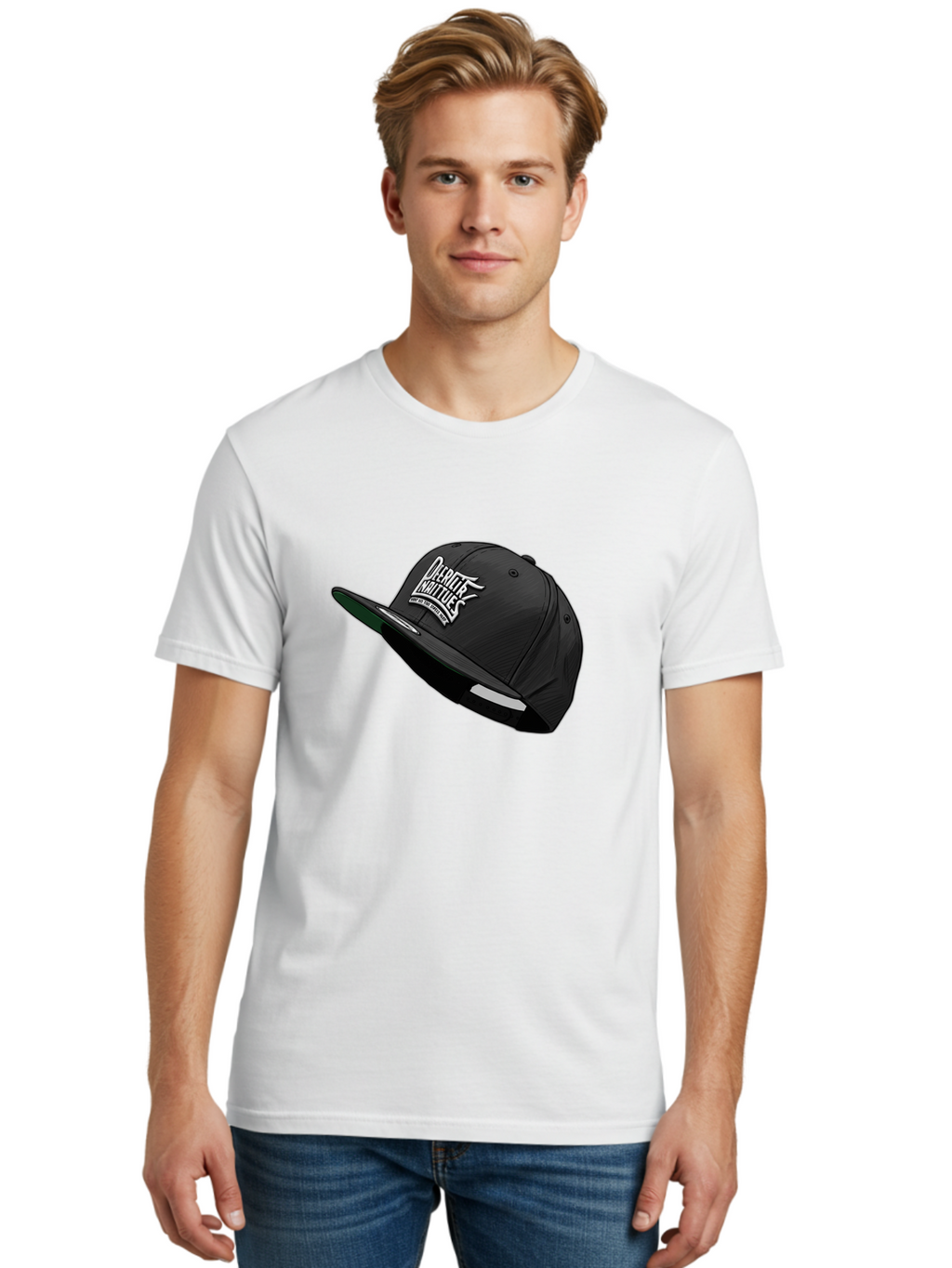 Darktrix-Koutures Men'S Graphic Tee, 100% Cotton, Comfortable Casual Summer Wear, Machine Washable, Black Snapback Hat, Darby Knights Logo, Streetwear Fashion, Casual Wear, Sports Cap, Graffitistyle Text, White Logo On Black Cap Bac976