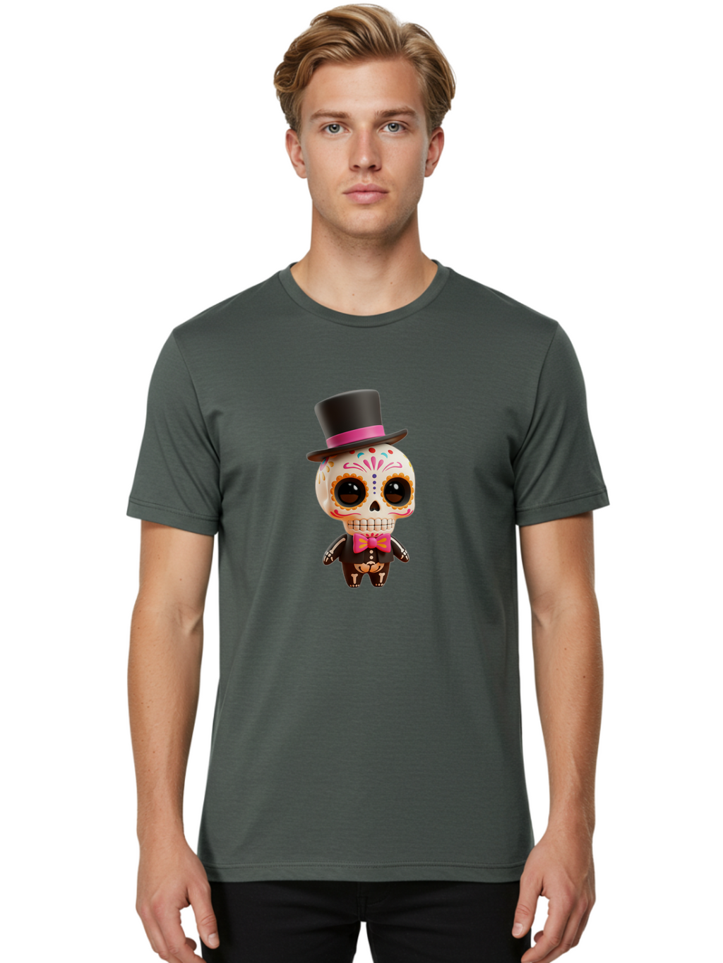 Day-Of-The-Dead-Skeleton Men'S Graphic Tee, 100% Cotton, Comfortable Casual Summer Wear, Machine Washable, Sugar Skull, Day Of The Dead, Dia De Los Muertos, Skeleton Figurine, Colorful Decorations, Festive Attire, Top Hat, Bow Tie, Bac977