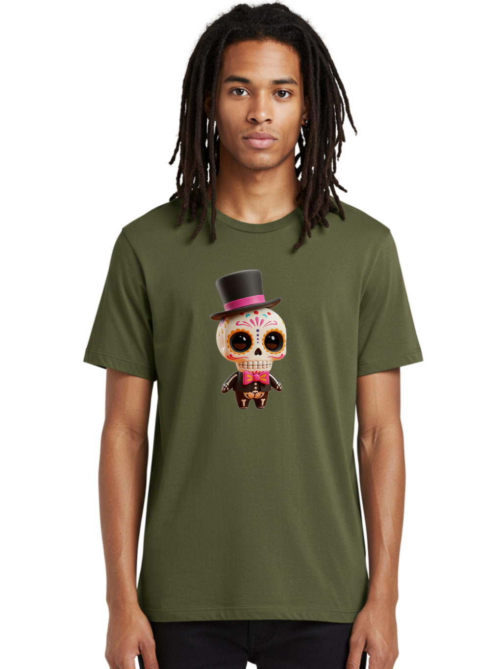 Day-Of-The-Dead-Skeleton Men'S Graphic Tee, 100% Cotton, Comfortable Casual Summer Wear, Machine Washable, Sugar Skull, Day Of The Dead, Dia De Los Muertos, Skeleton Figurine, Colorful Decorations, Festive Attire, Top Hat, Bow Tie, Bac977