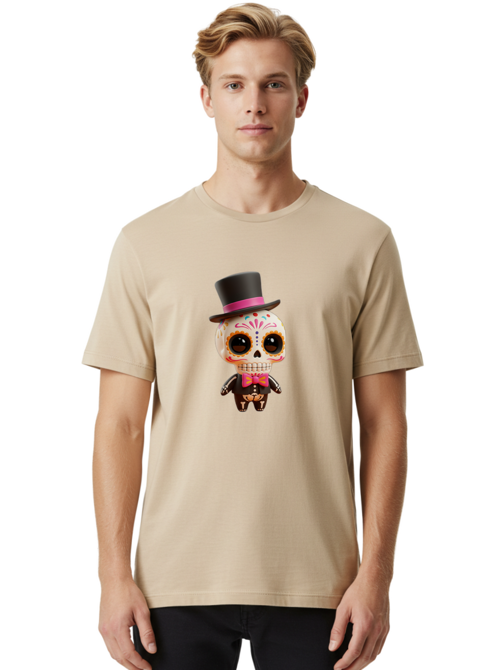Day-Of-The-Dead-Skeleton Men'S Graphic Tee, 100% Cotton, Comfortable Casual Summer Wear, Machine Washable, Sugar Skull, Day Of The Dead, Dia De Los Muertos, Skeleton Figurine, Colorful Decorations, Festive Attire, Top Hat, Bow Tie, Bac977
