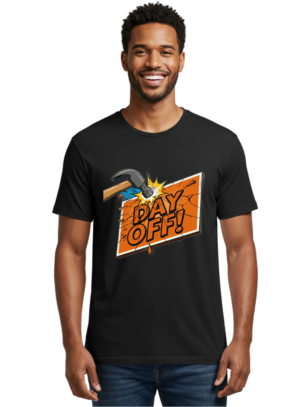 Day-Off-1 Men'S Graphic Tee, 100% Cotton, Comfortable Casual Summer Wear, Machine Washable, Day Off, Hammer Smashing Sign, Cartoon Humor, Comedic Relief, Breaking Rules, Relaxation, Leisure Time, Comical Illustration, Work-Life Balance Bac978