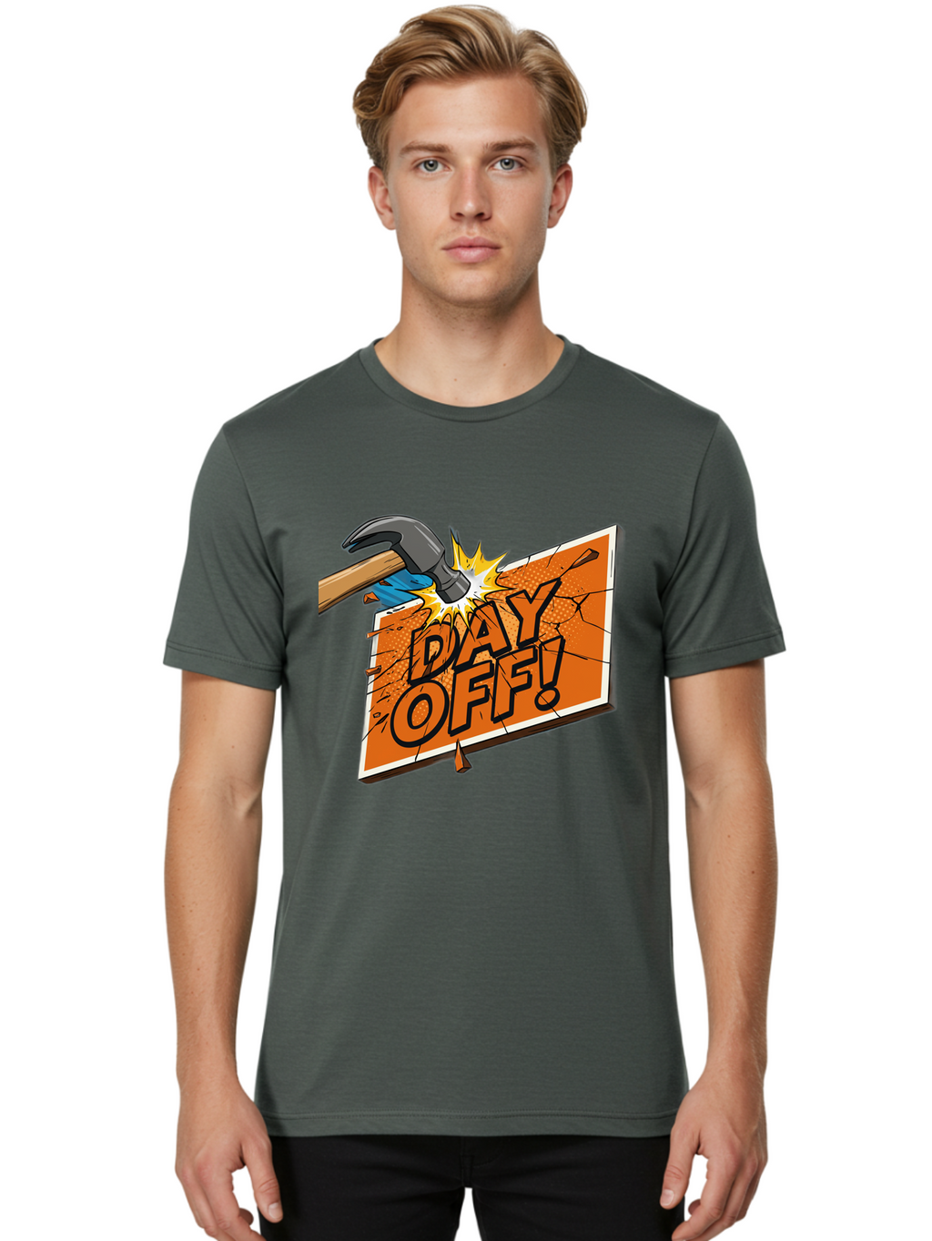 Day-Off-1 Men'S Graphic Tee, 100% Cotton, Comfortable Casual Summer Wear, Machine Washable, Day Off, Hammer Smashing Sign, Cartoon Humor, Comedic Relief, Breaking Rules, Relaxation, Leisure Time, Comical Illustration, Work-Life Balance Bac978