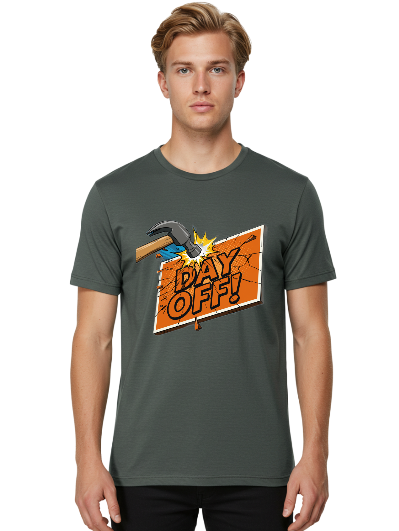 Day-Off-1 Men'S Graphic Tee, 100% Cotton, Comfortable Casual Summer Wear, Machine Washable, Day Off, Hammer Smashing Sign, Cartoon Humor, Comedic Relief, Breaking Rules, Relaxation, Leisure Time, Comical Illustration, Work-Life Balance Bac978