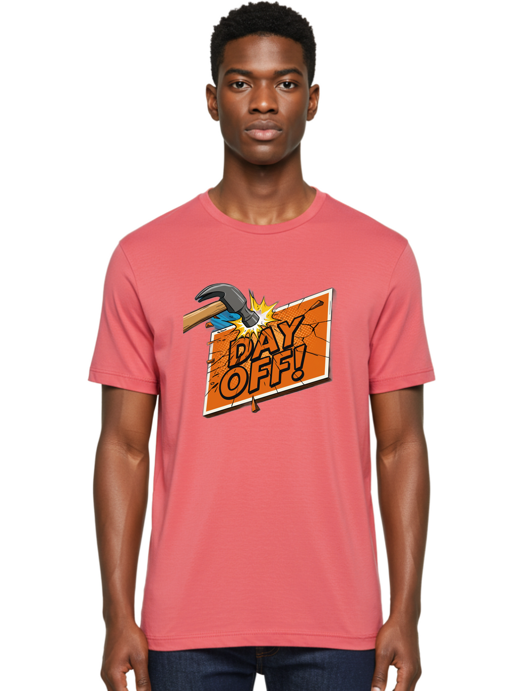 Day-Off-1 Men'S Graphic Tee, 100% Cotton, Comfortable Casual Summer Wear, Machine Washable, Day Off, Hammer Smashing Sign, Cartoon Humor, Comedic Relief, Breaking Rules, Relaxation, Leisure Time, Comical Illustration, Work-Life Balance Bac978