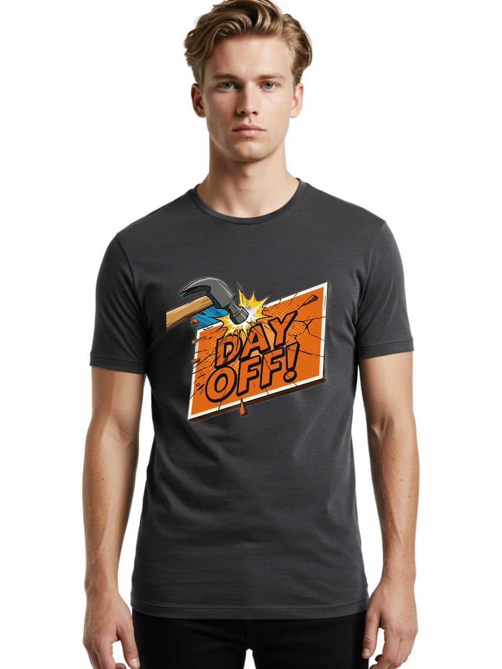Day-Off-1 Men'S Graphic Tee, 100% Cotton, Comfortable Casual Summer Wear, Machine Washable, Day Off, Hammer Smashing Sign, Cartoon Humor, Comedic Relief, Breaking Rules, Relaxation, Leisure Time, Comical Illustration, Work-Life Balance Bac978