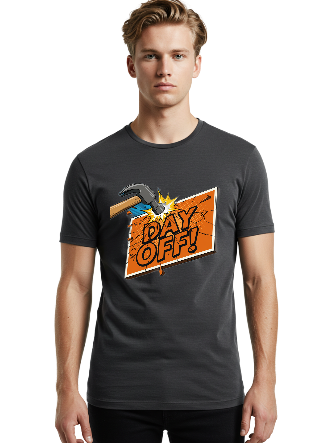Day-Off-1 Men'S Graphic Tee, 100% Cotton, Comfortable Casual Summer Wear, Machine Washable, Day Off, Hammer Smashing Sign, Cartoon Humor, Comedic Relief, Breaking Rules, Relaxation, Leisure Time, Comical Illustration, Work-Life Balance Bac978