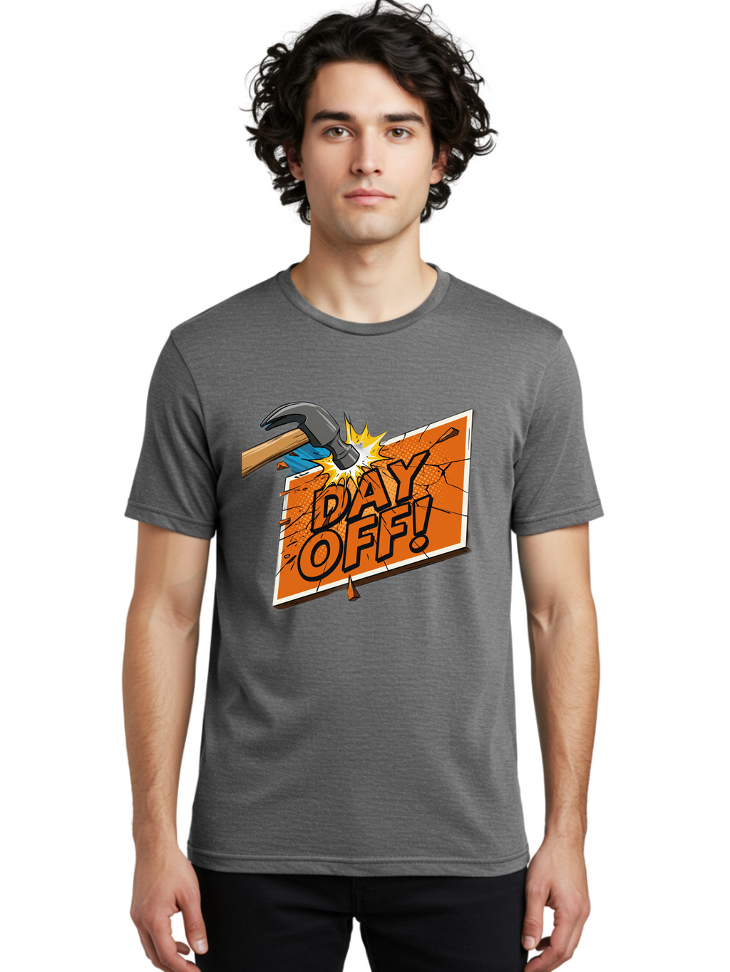 Day-Off-1 Men'S Graphic Tee, 100% Cotton, Comfortable Casual Summer Wear, Machine Washable, Day Off, Hammer Smashing Sign, Cartoon Humor, Comedic Relief, Breaking Rules, Relaxation, Leisure Time, Comical Illustration, Work-Life Balance Bac978