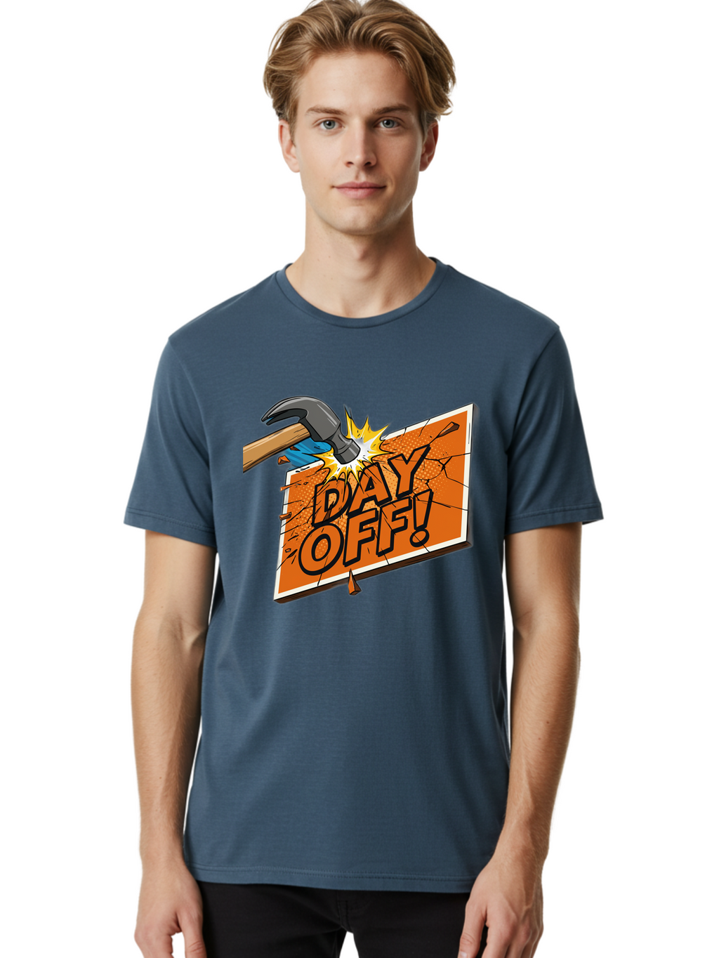 Day-Off-1 Men'S Graphic Tee, 100% Cotton, Comfortable Casual Summer Wear, Machine Washable, Day Off, Hammer Smashing Sign, Cartoon Humor, Comedic Relief, Breaking Rules, Relaxation, Leisure Time, Comical Illustration, Work-Life Balance Bac978