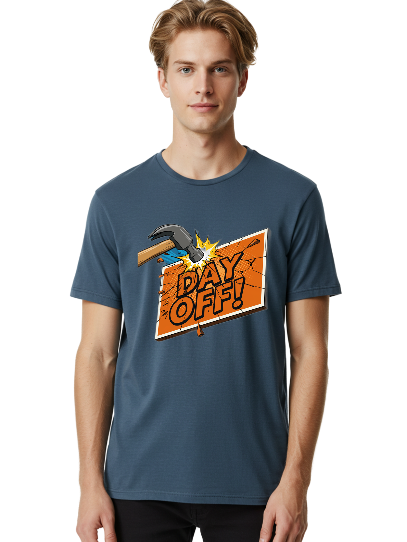 Day-Off-1 Men'S Graphic Tee, 100% Cotton, Comfortable Casual Summer Wear, Machine Washable, Day Off, Hammer Smashing Sign, Cartoon Humor, Comedic Relief, Breaking Rules, Relaxation, Leisure Time, Comical Illustration, Work-Life Balance Bac978