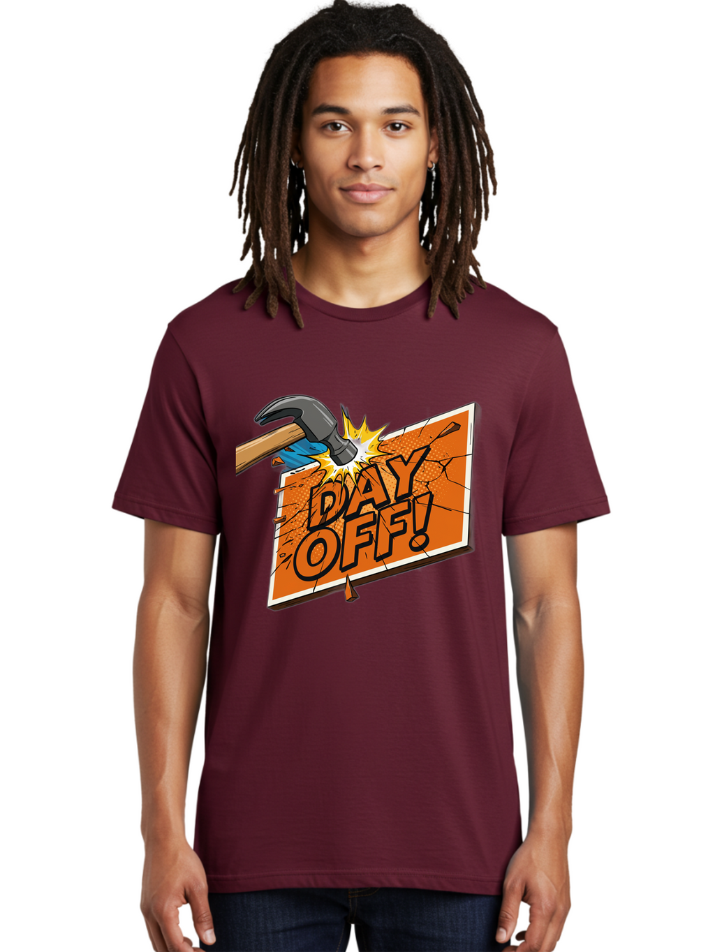 Day-Off-1 Men'S Graphic Tee, 100% Cotton, Comfortable Casual Summer Wear, Machine Washable, Day Off, Hammer Smashing Sign, Cartoon Humor, Comedic Relief, Breaking Rules, Relaxation, Leisure Time, Comical Illustration, Work-Life Balance Bac978