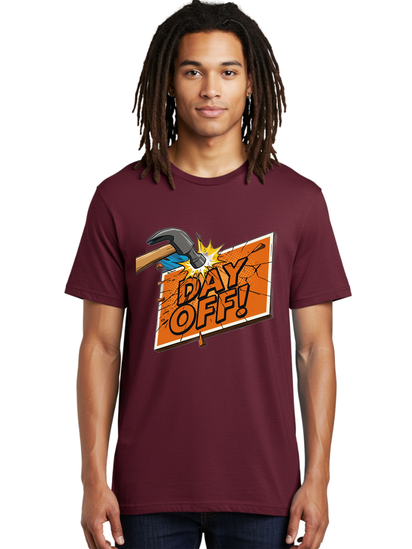 Day-Off-1 Men'S Graphic Tee, 100% Cotton, Comfortable Casual Summer Wear, Machine Washable, Day Off, Hammer Smashing Sign, Cartoon Humor, Comedic Relief, Breaking Rules, Relaxation, Leisure Time, Comical Illustration, Work-Life Balance Bac978