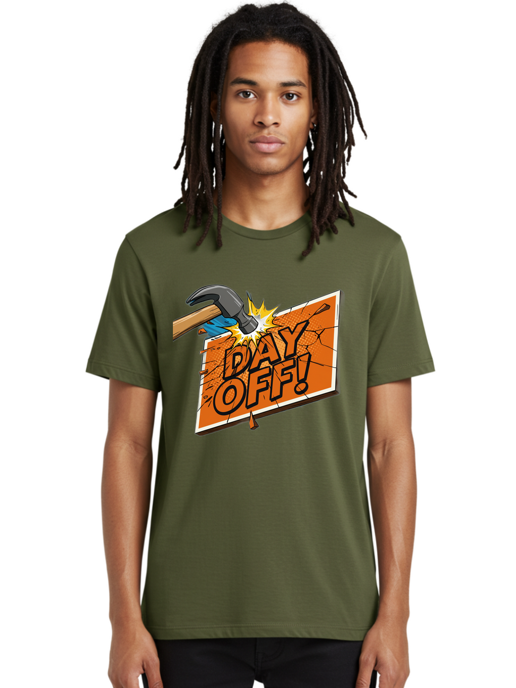 Day-Off-1 Men'S Graphic Tee, 100% Cotton, Comfortable Casual Summer Wear, Machine Washable, Day Off, Hammer Smashing Sign, Cartoon Humor, Comedic Relief, Breaking Rules, Relaxation, Leisure Time, Comical Illustration, Work-Life Balance Bac978