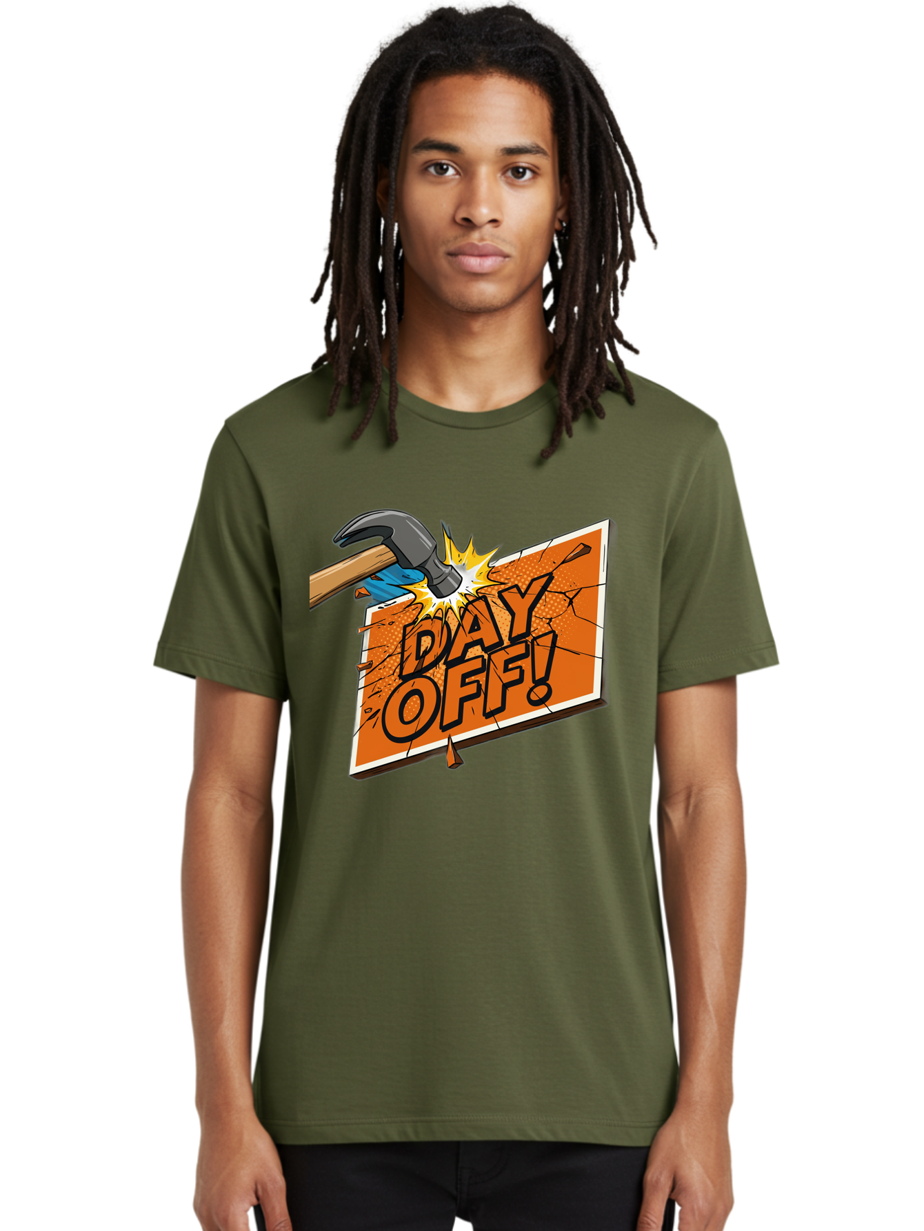 Day-Off-1 Men'S Graphic Tee, 100% Cotton, Comfortable Casual Summer Wear, Machine Washable, Day Off, Hammer Smashing Sign, Cartoon Humor, Comedic Relief, Breaking Rules, Relaxation, Leisure Time, Comical Illustration, Work-Life Balance Bac978