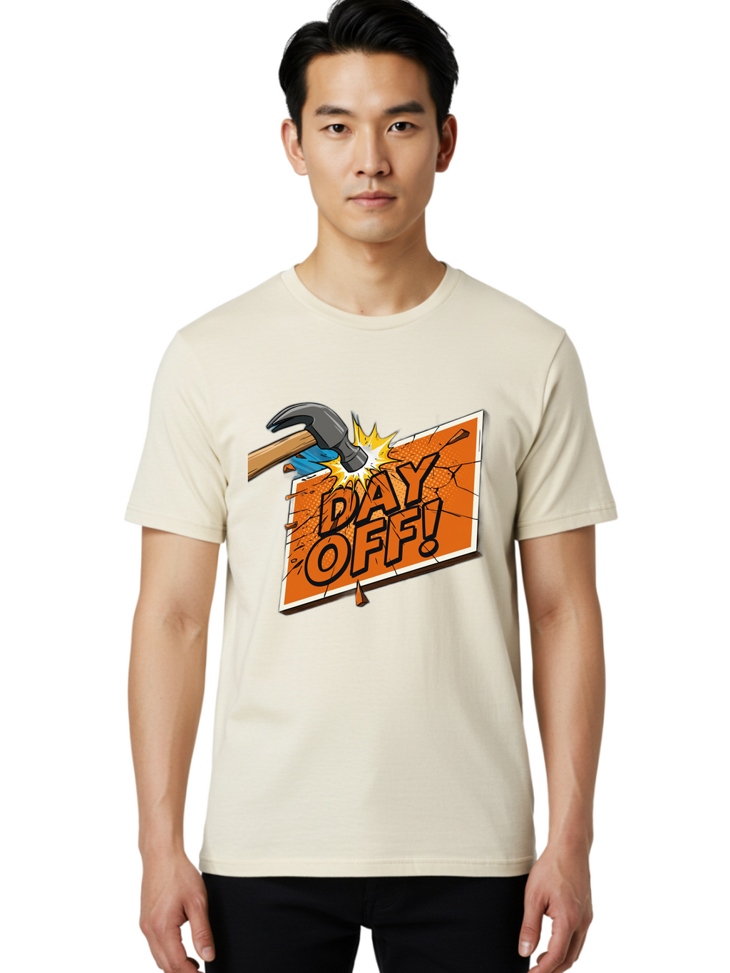 Day-Off-1 Men'S Graphic Tee, 100% Cotton, Comfortable Casual Summer Wear, Machine Washable, Day Off, Hammer Smashing Sign, Cartoon Humor, Comedic Relief, Breaking Rules, Relaxation, Leisure Time, Comical Illustration, Work-Life Balance Bac978