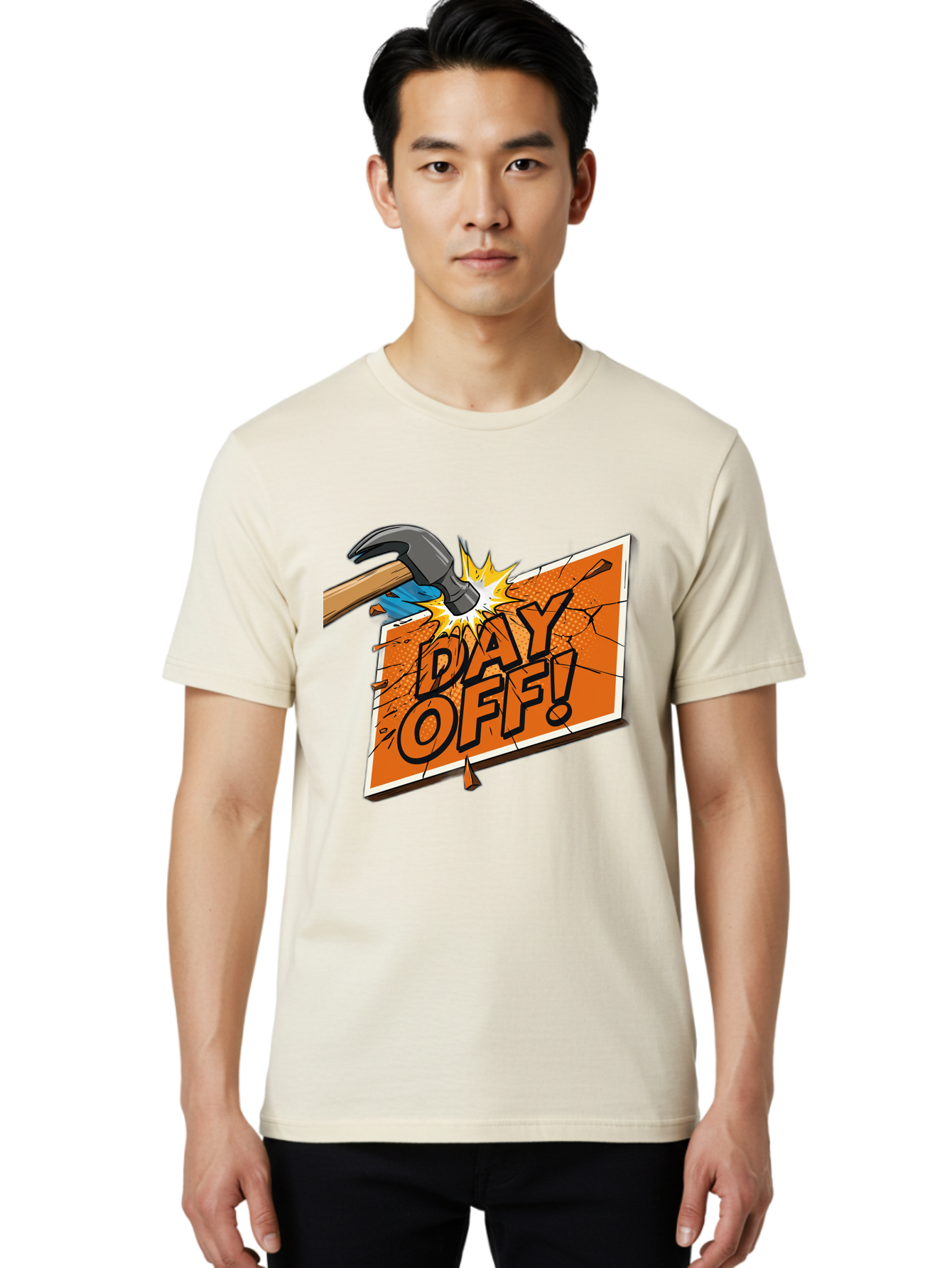 Day-Off-1 Men'S Graphic Tee, 100% Cotton, Comfortable Casual Summer Wear, Machine Washable, Day Off, Hammer Smashing Sign, Cartoon Humor, Comedic Relief, Breaking Rules, Relaxation, Leisure Time, Comical Illustration, Work-Life Balance Bac978