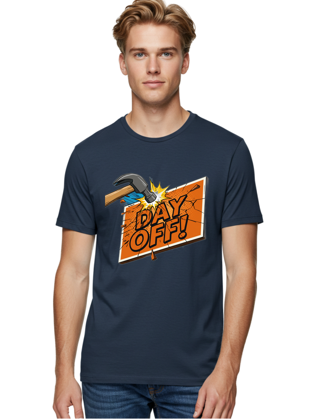 Day-Off-1 Men'S Graphic Tee, 100% Cotton, Comfortable Casual Summer Wear, Machine Washable, Day Off, Hammer Smashing Sign, Cartoon Humor, Comedic Relief, Breaking Rules, Relaxation, Leisure Time, Comical Illustration, Work-Life Balance Bac978