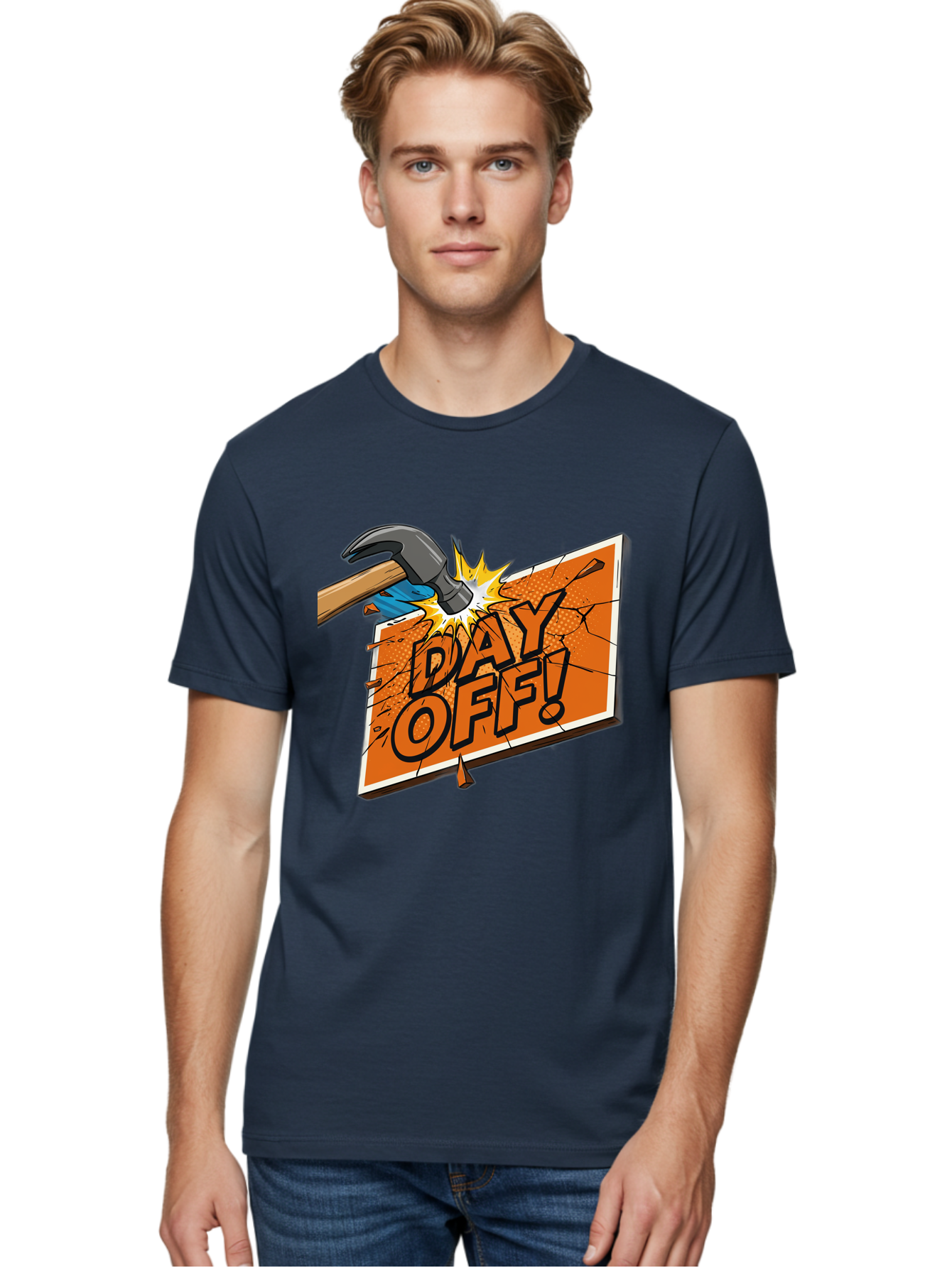 Day-Off-1 Men'S Graphic Tee, 100% Cotton, Comfortable Casual Summer Wear, Machine Washable, Day Off, Hammer Smashing Sign, Cartoon Humor, Comedic Relief, Breaking Rules, Relaxation, Leisure Time, Comical Illustration, Work-Life Balance Bac978