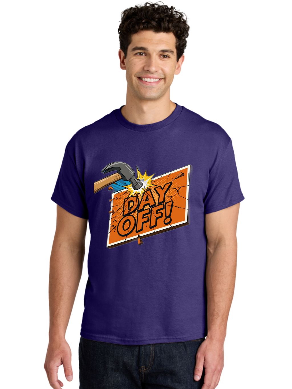 Day-Off-1 Men'S Graphic Tee, 100% Cotton, Comfortable Casual Summer Wear, Machine Washable, Day Off, Hammer Smashing Sign, Cartoon Humor, Comedic Relief, Breaking Rules, Relaxation, Leisure Time, Comical Illustration, Work-Life Balance Bac978