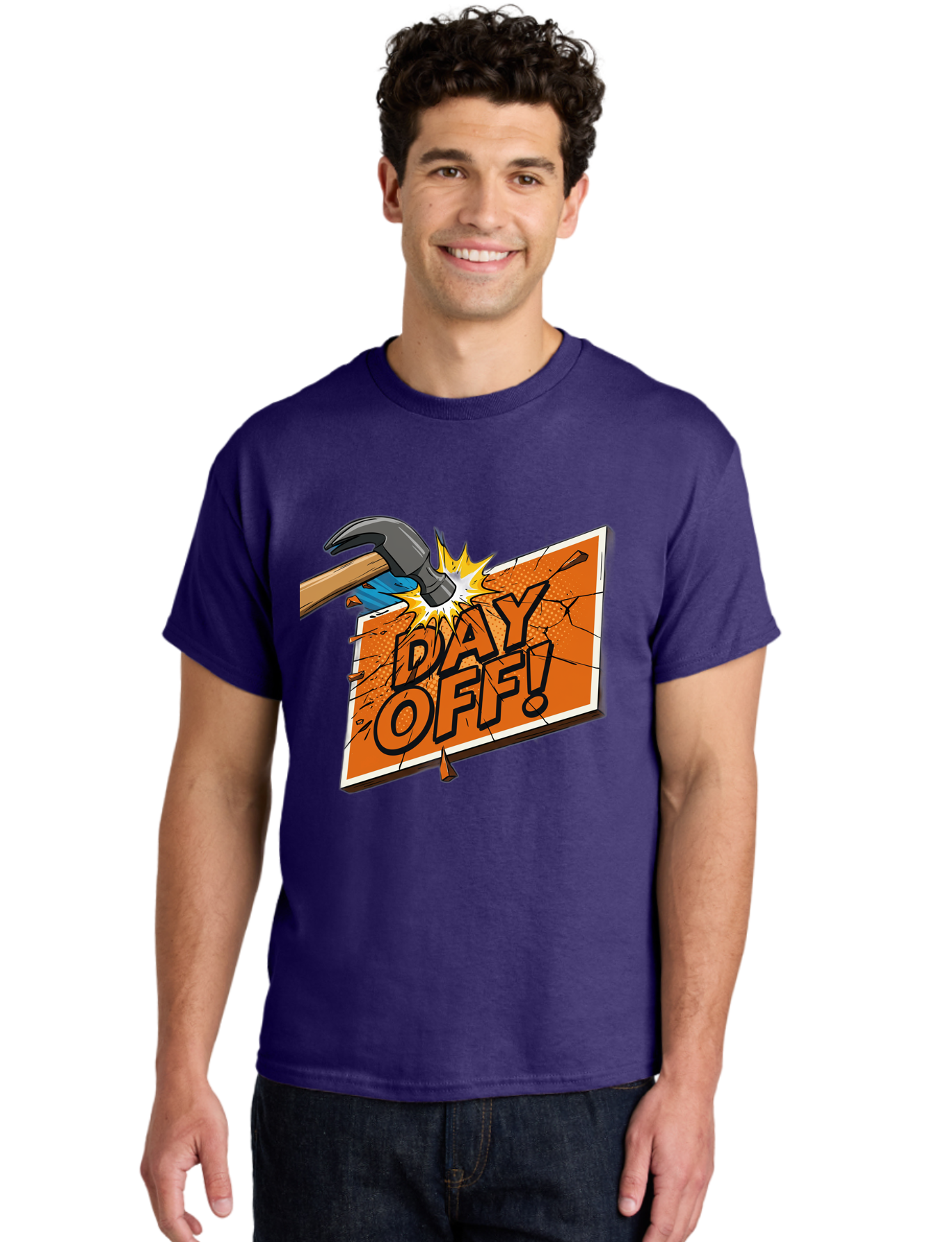 Day-Off-1 Men'S Graphic Tee, 100% Cotton, Comfortable Casual Summer Wear, Machine Washable, Day Off, Hammer Smashing Sign, Cartoon Humor, Comedic Relief, Breaking Rules, Relaxation, Leisure Time, Comical Illustration, Work-Life Balance Bac978