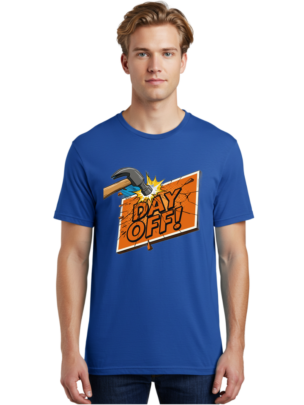 Day-Off-1 Men'S Graphic Tee, 100% Cotton, Comfortable Casual Summer Wear, Machine Washable, Day Off, Hammer Smashing Sign, Cartoon Humor, Comedic Relief, Breaking Rules, Relaxation, Leisure Time, Comical Illustration, Work-Life Balance Bac978