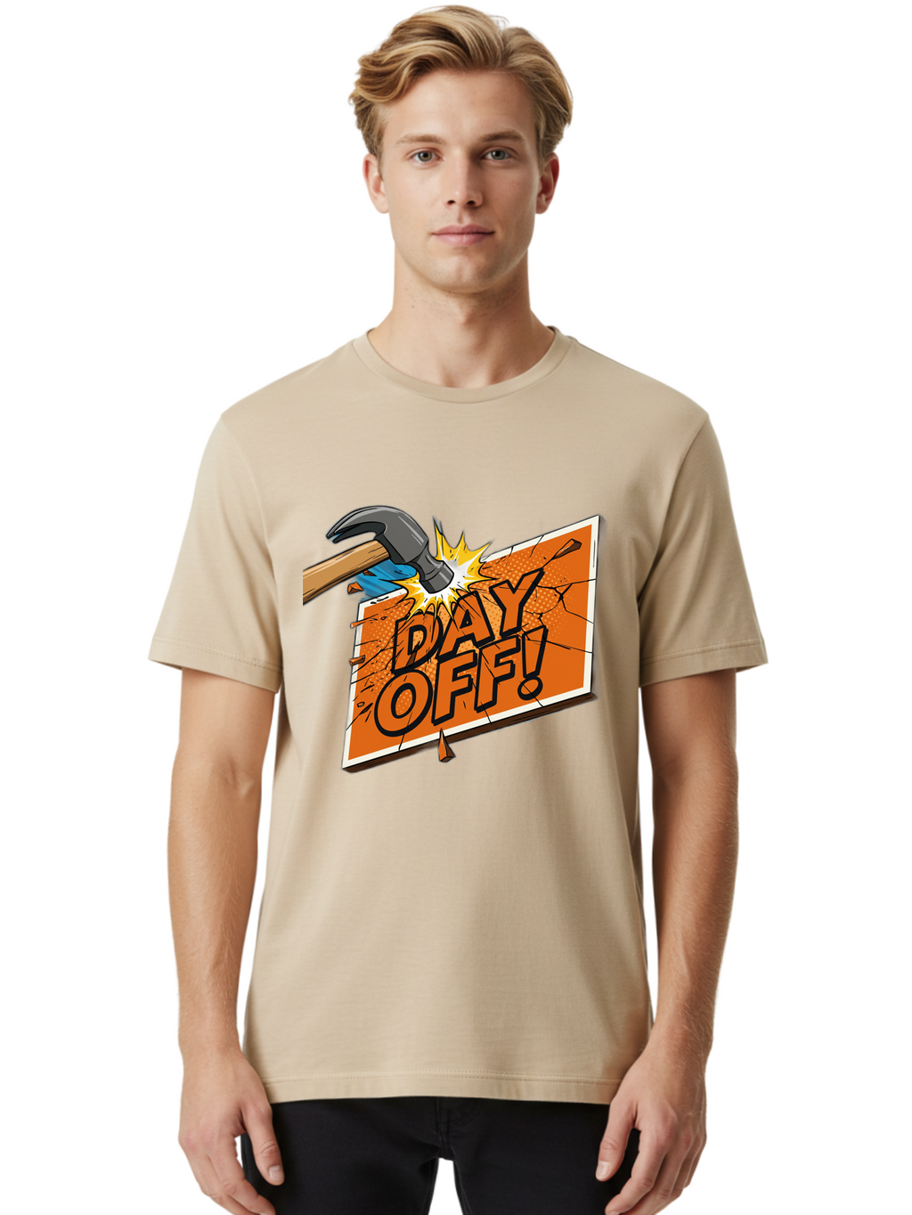 Day-Off-1 Men'S Graphic Tee, 100% Cotton, Comfortable Casual Summer Wear, Machine Washable, Day Off, Hammer Smashing Sign, Cartoon Humor, Comedic Relief, Breaking Rules, Relaxation, Leisure Time, Comical Illustration, Work-Life Balance Bac978