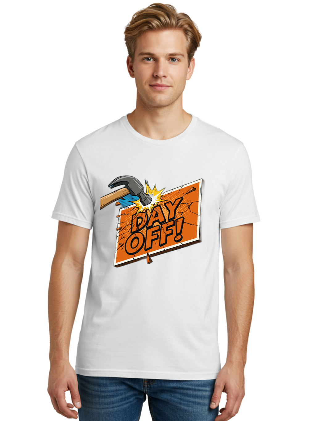 Day-Off-1 Men'S Graphic Tee, 100% Cotton, Comfortable Casual Summer Wear, Machine Washable, Day Off, Hammer Smashing Sign, Cartoon Humor, Comedic Relief, Breaking Rules, Relaxation, Leisure Time, Comical Illustration, Work-Life Balance Bac978