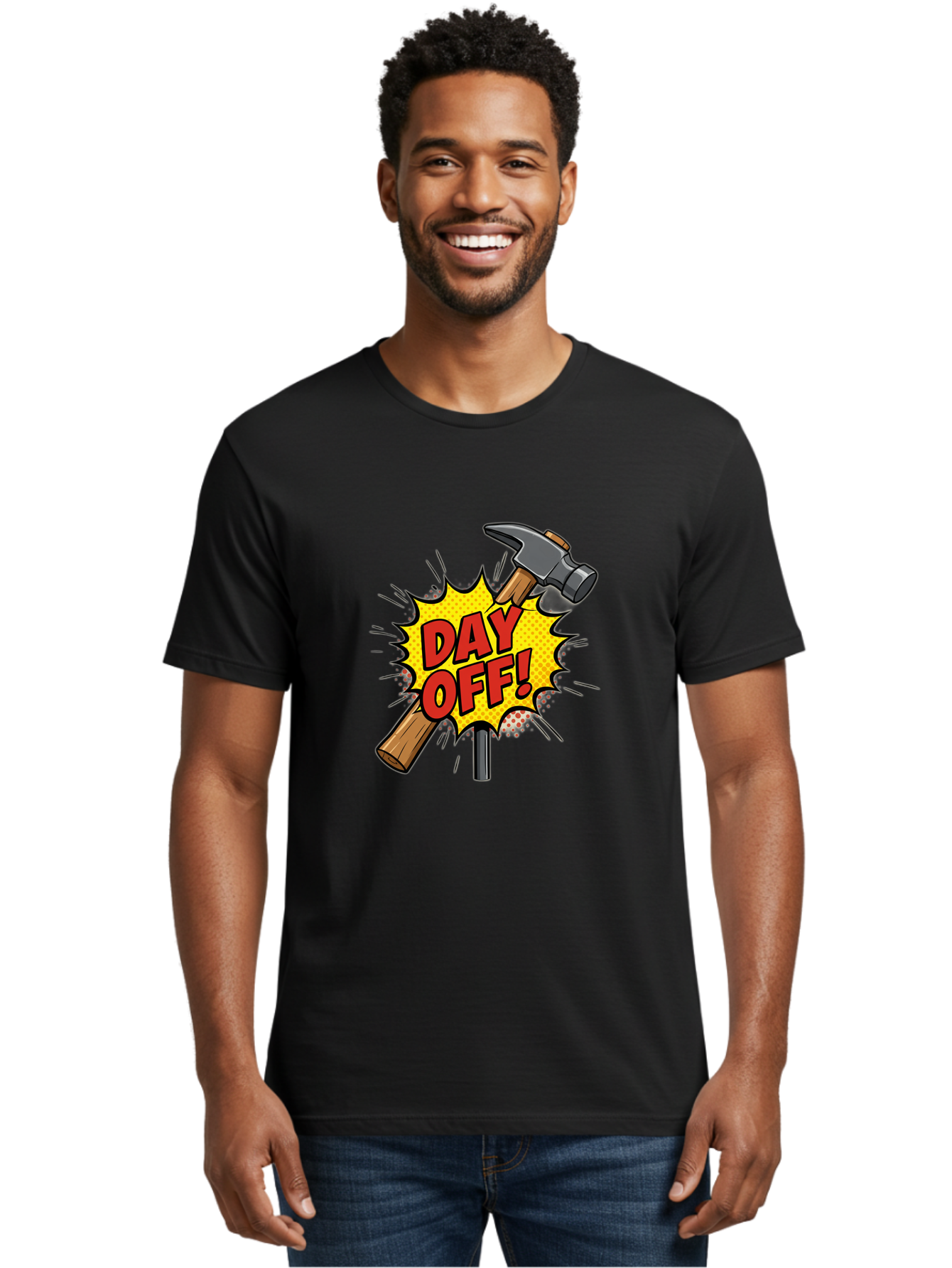 Day-Off Men'S Graphic Tee, 100% Cotton, Comfortable Casual Summer Wear, Machine Washable, Day Off, Hammer And Nail, Comic Cartoon Theme, Labor Day Off, Relaxed Workday, Fun Humor, Playful, Humorous, Playful Vibe, Relaxed Atmosphere Bac979