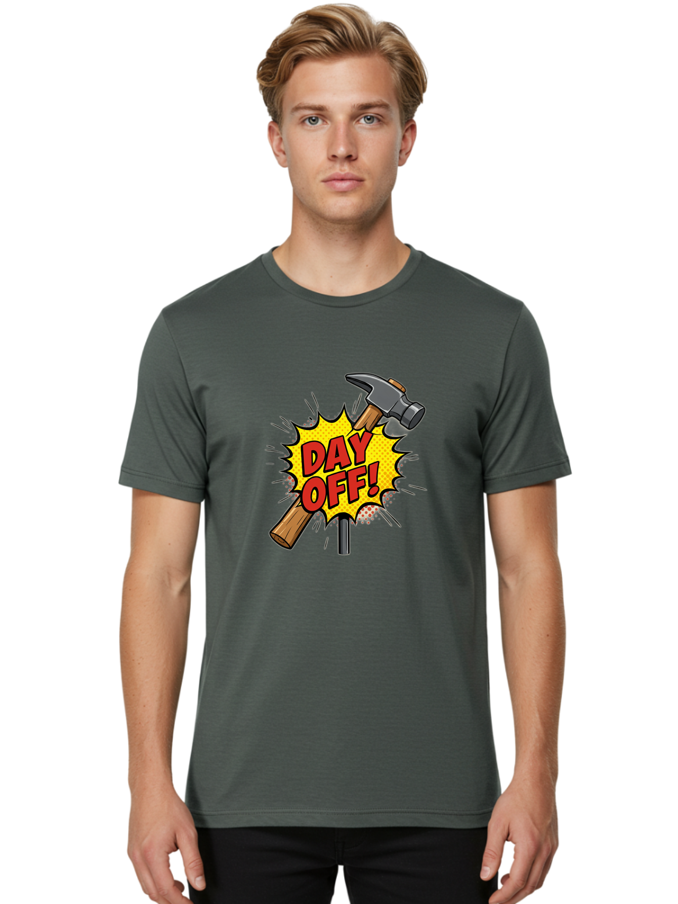 Day-Off Men'S Graphic Tee, 100% Cotton, Comfortable Casual Summer Wear, Machine Washable, Day Off, Hammer And Nail, Comic Cartoon Theme, Labor Day Off, Relaxed Workday, Fun Humor, Playful, Humorous, Playful Vibe, Relaxed Atmosphere Bac979