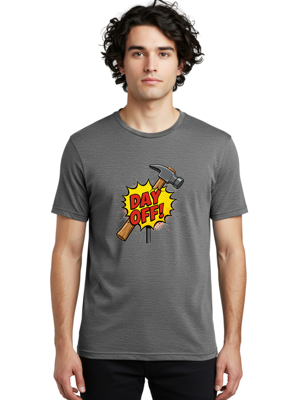 Day-Off Men'S Graphic Tee, 100% Cotton, Comfortable Casual Summer Wear, Machine Washable, Day Off, Hammer And Nail, Comic Cartoon Theme, Labor Day Off, Relaxed Workday, Fun Humor, Playful, Humorous, Playful Vibe, Relaxed Atmosphere Bac979