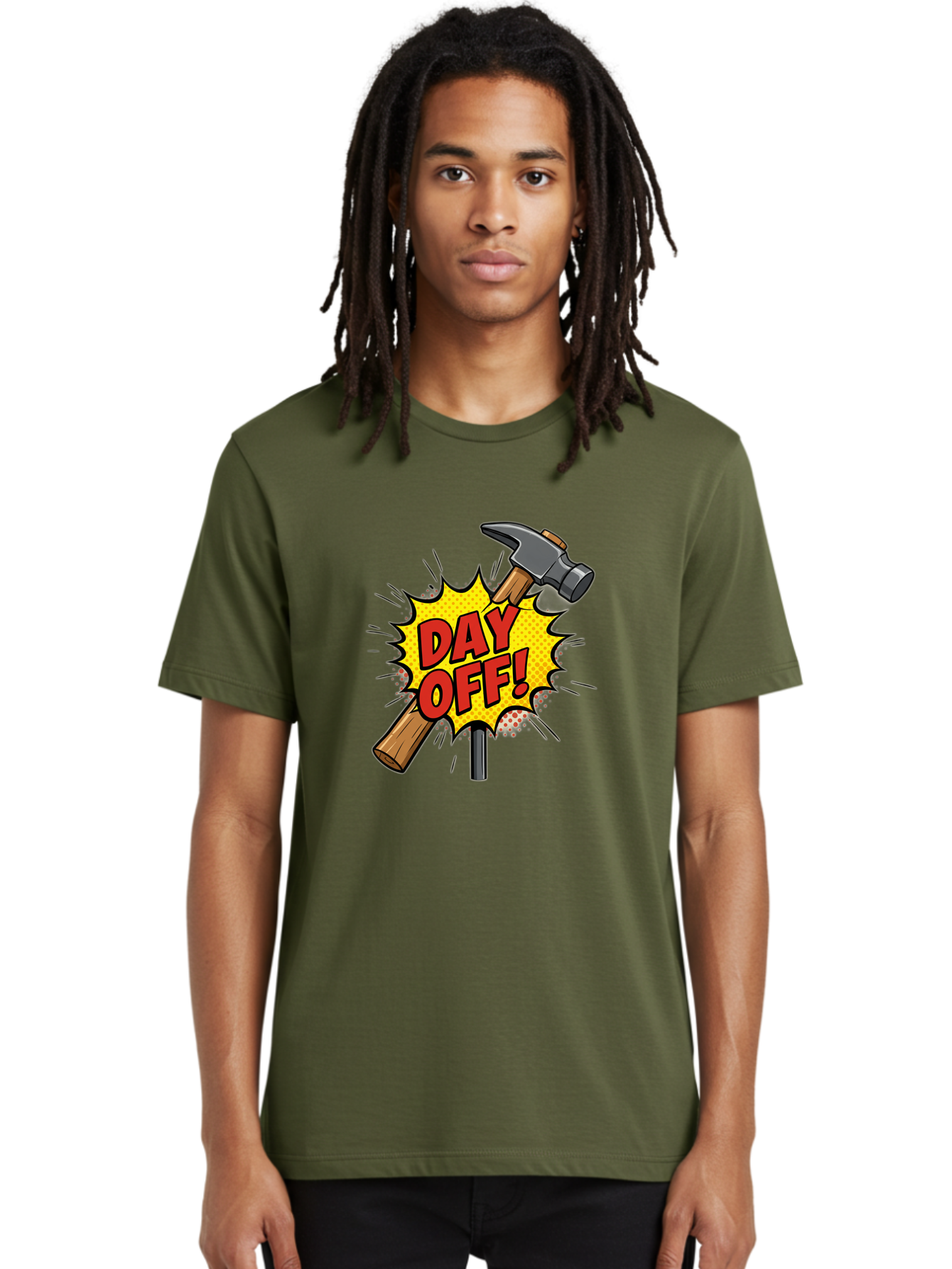 Day-Off Men'S Graphic Tee, 100% Cotton, Comfortable Casual Summer Wear, Machine Washable, Day Off, Hammer And Nail, Comic Cartoon Theme, Labor Day Off, Relaxed Workday, Fun Humor, Playful, Humorous, Playful Vibe, Relaxed Atmosphere Bac979