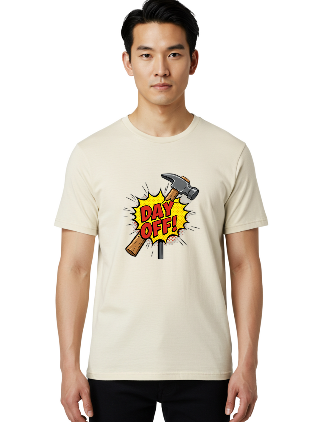Day-Off Men'S Graphic Tee, 100% Cotton, Comfortable Casual Summer Wear, Machine Washable, Day Off, Hammer And Nail, Comic Cartoon Theme, Labor Day Off, Relaxed Workday, Fun Humor, Playful, Humorous, Playful Vibe, Relaxed Atmosphere Bac979