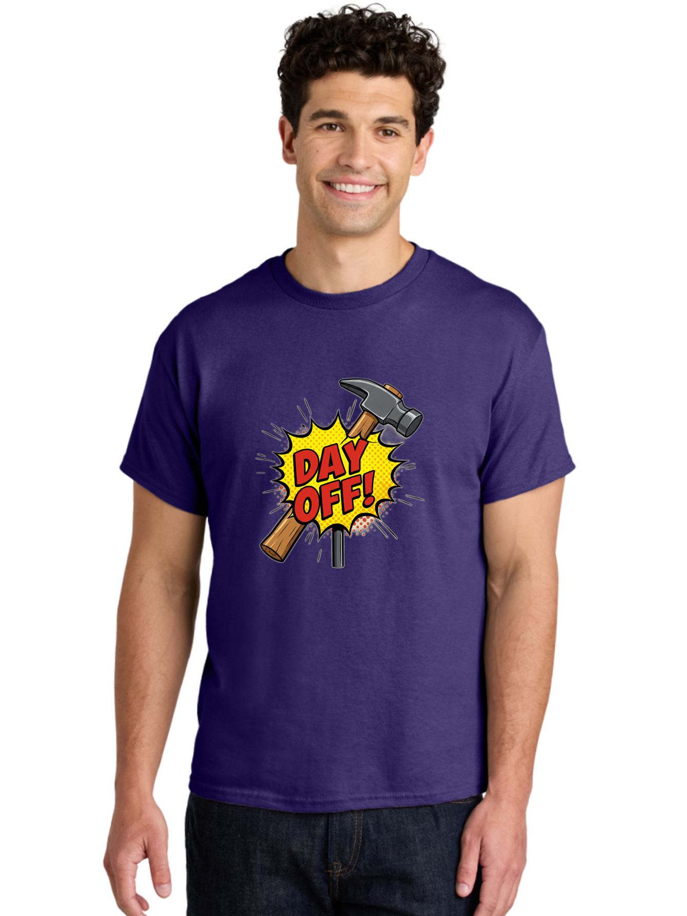 Day-Off Men'S Graphic Tee, 100% Cotton, Comfortable Casual Summer Wear, Machine Washable, Day Off, Hammer And Nail, Comic Cartoon Theme, Labor Day Off, Relaxed Workday, Fun Humor, Playful, Humorous, Playful Vibe, Relaxed Atmosphere Bac979