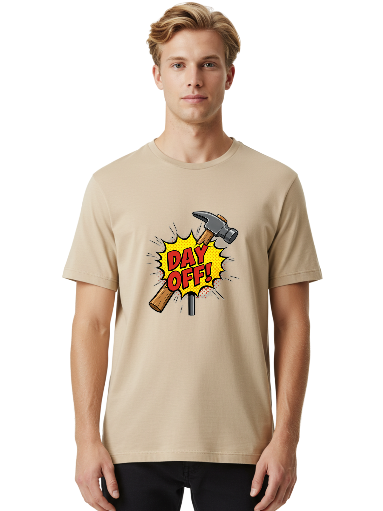 Day-Off Men'S Graphic Tee, 100% Cotton, Comfortable Casual Summer Wear, Machine Washable, Day Off, Hammer And Nail, Comic Cartoon Theme, Labor Day Off, Relaxed Workday, Fun Humor, Playful, Humorous, Playful Vibe, Relaxed Atmosphere Bac979