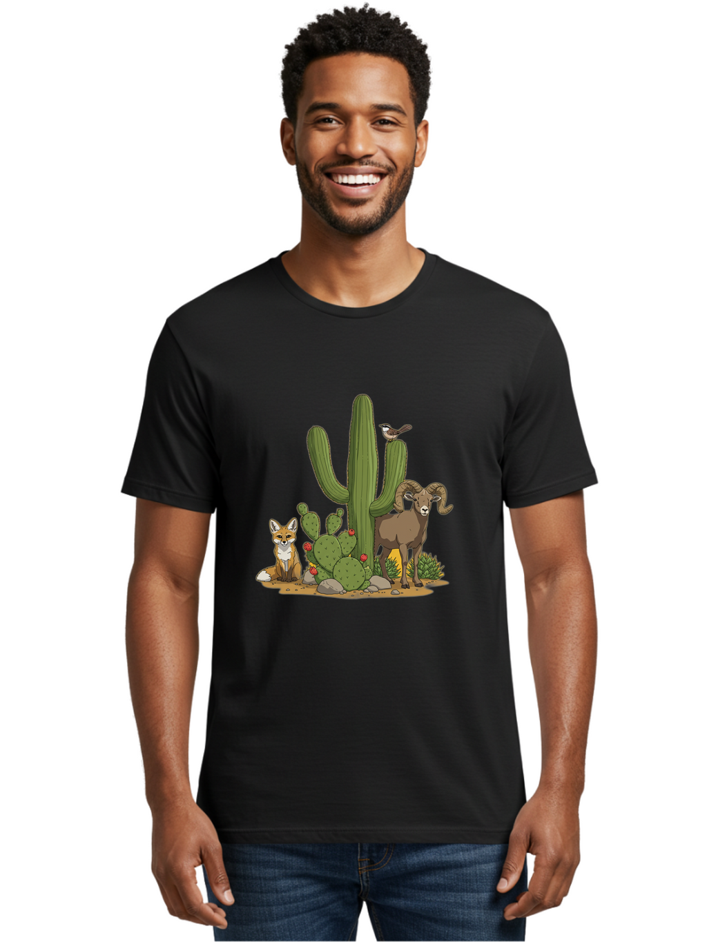 Desert-Animals Men'S Graphic Tee, 100% Cotton, Comfortable Casual Summer Wear, Machine Washable, Desert Wildlife, Coyote Sitting, Bighorn Sheep Standing, Bird Perched On Cactus, Cactus With Red Flowers, Desert Landscape, Wild Animals, Bac984