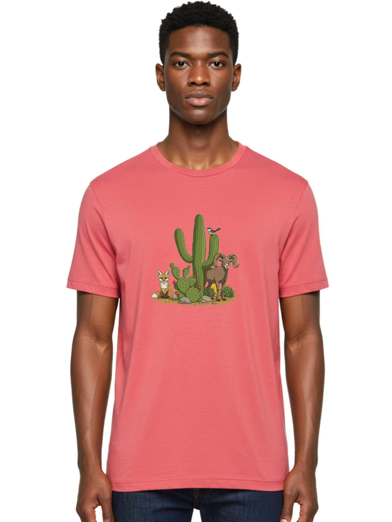 Desert-Animals Men'S Graphic Tee, 100% Cotton, Comfortable Casual Summer Wear, Machine Washable, Desert Wildlife, Coyote Sitting, Bighorn Sheep Standing, Bird Perched On Cactus, Cactus With Red Flowers, Desert Landscape, Wild Animals, Bac984