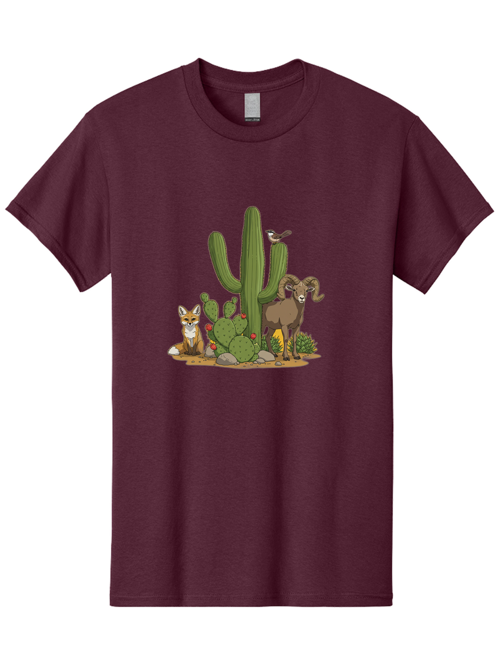 Desert-Animals Men'S Graphic Tee, 100% Cotton, Comfortable Casual Summer Wear, Machine Washable, Desert Wildlife, Coyote Sitting, Bighorn Sheep Standing, Bird Perched On Cactus, Cactus With Red Flowers, Desert Landscape, Wild Animals, Bac984