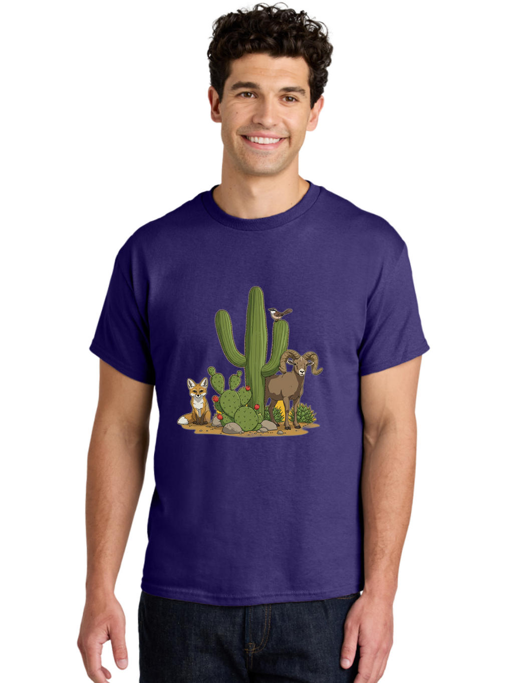 Desert-Animals Men'S Graphic Tee, 100% Cotton, Comfortable Casual Summer Wear, Machine Washable, Desert Wildlife, Coyote Sitting, Bighorn Sheep Standing, Bird Perched On Cactus, Cactus With Red Flowers, Desert Landscape, Wild Animals, Bac984