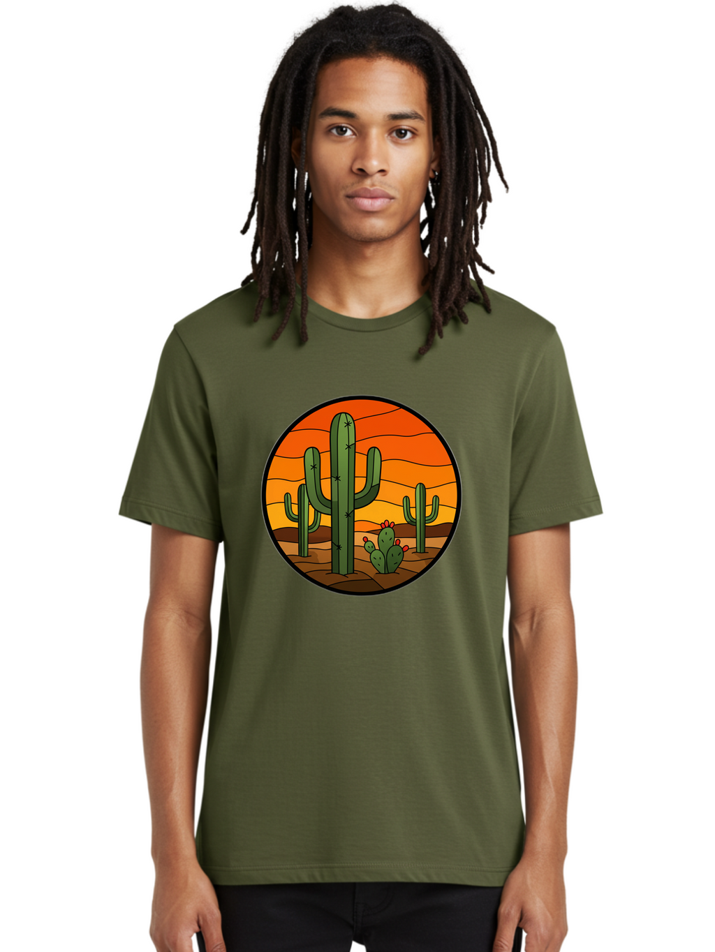 Desert-Cacti-At-Sunset Men'S Graphic Tee, 100% Cotton, Comfortable Casual Summer Wear, Machine Washable, Desert Landscape, Cacti, Saguaro Cactus, Sunset, Orange Sky, Warm Colors, Desert Scenery, Dry Terrain, Prickly Pear Cactus, Bac985